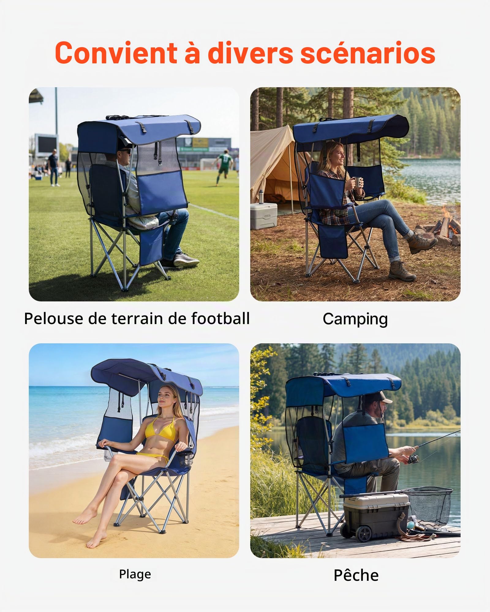 VEVOR Chaise de Camping Pliante avec Auvent, Fauteuil Pliable Camping Charge Maximale 150 kg, pour Pique-Nique Randonnée Pêche en Plein Air, avec Porte-gobelet et Pochette pour Magasines, Bleu Foncé