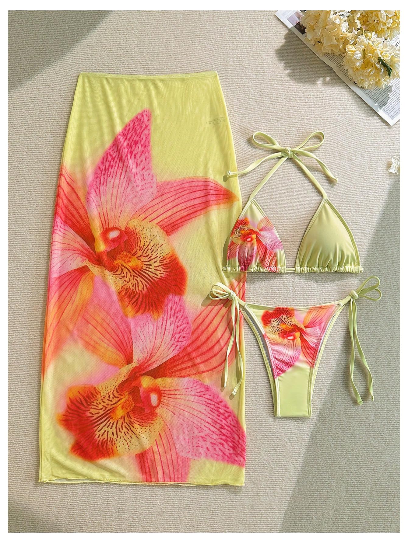 Damski 3-częściowy zestaw bikini kwiatowy trójkąt wiązany na szyi strój kąpielowy ze spódnicą okrycie wielokolorowy mały