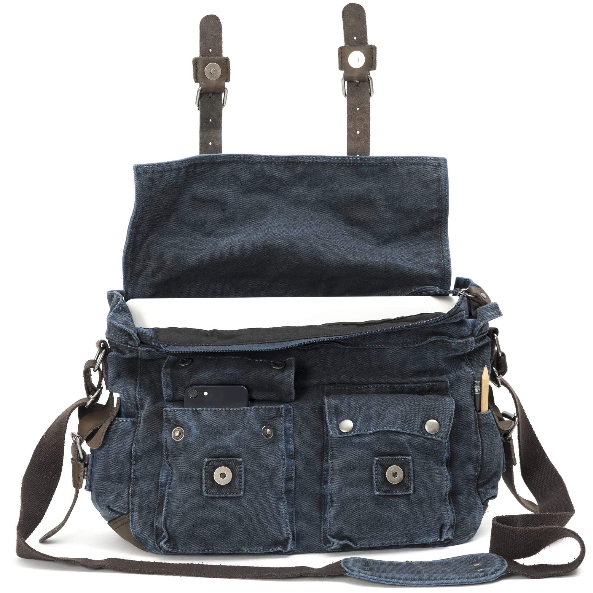 Avirex Borsa a Tracolla Uomo Da Viaggio o Lavoro in Stile Militare Con Finiture in Vera Pelle Bovina e Canvas per PC Laptop o portadocumenti o Zaino a Tracolla
