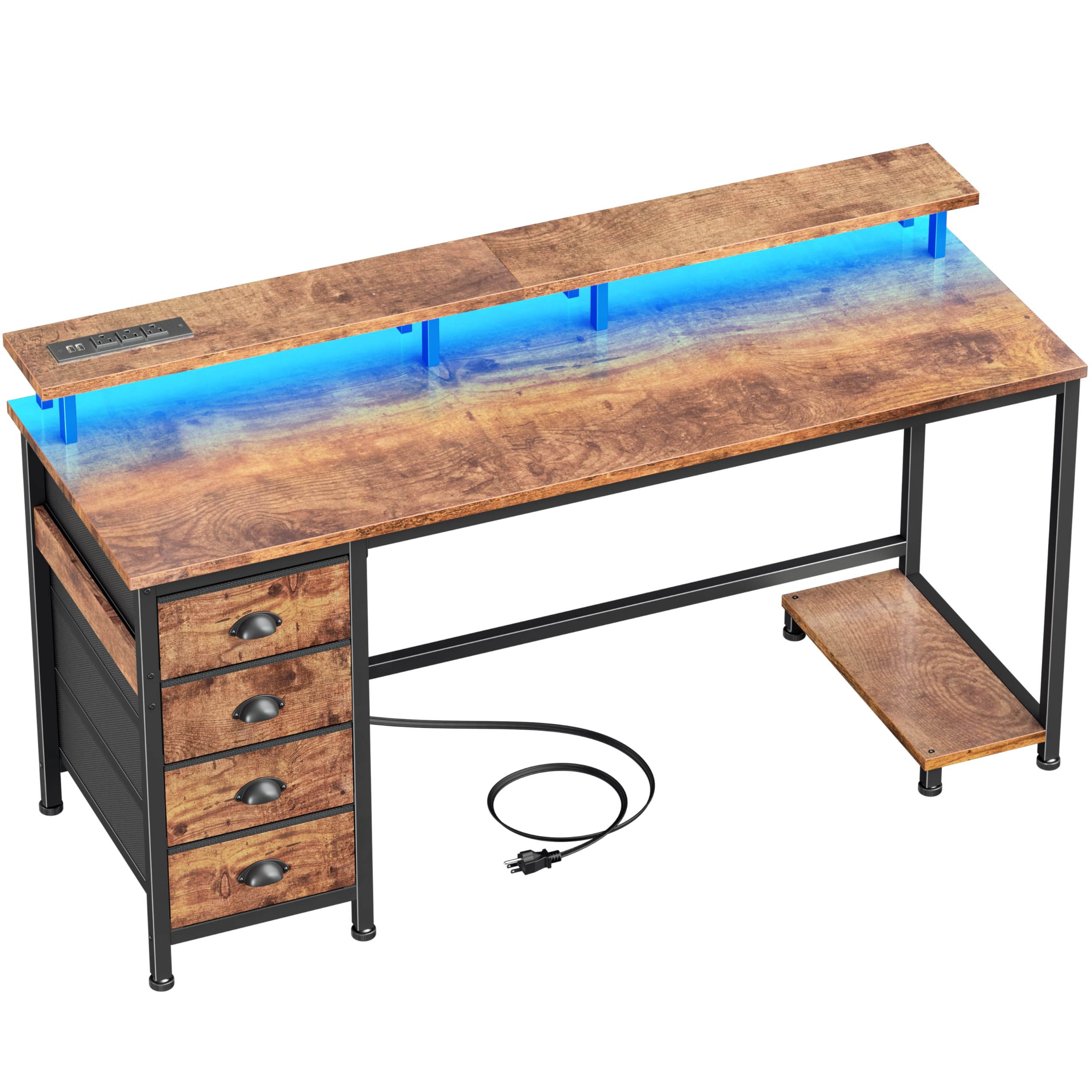 Furologee Computer Desk with Power Outlets & LED Lights, 55 Inch Reversible Gaming Desk with Full Monitor Stand, Home Office Table with 4 Fabric Drawers, Study Table for Bedroom, Rustic Brown
