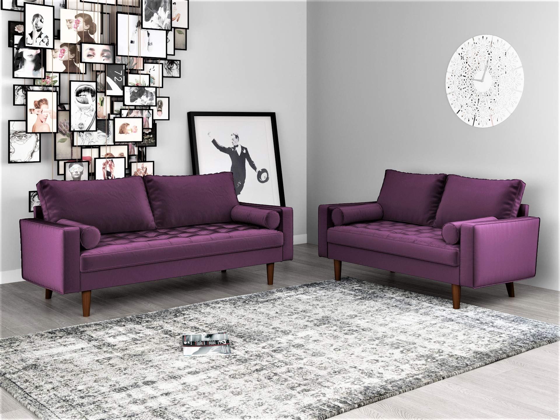 US Pride Furniture Square Arm Style Fabric Velvet Soft Eggplant Purple 2 PC with Removable Back Cushions & Solid Wood Support,S5452-5459 Mid-Century Modern Living Room Sofa