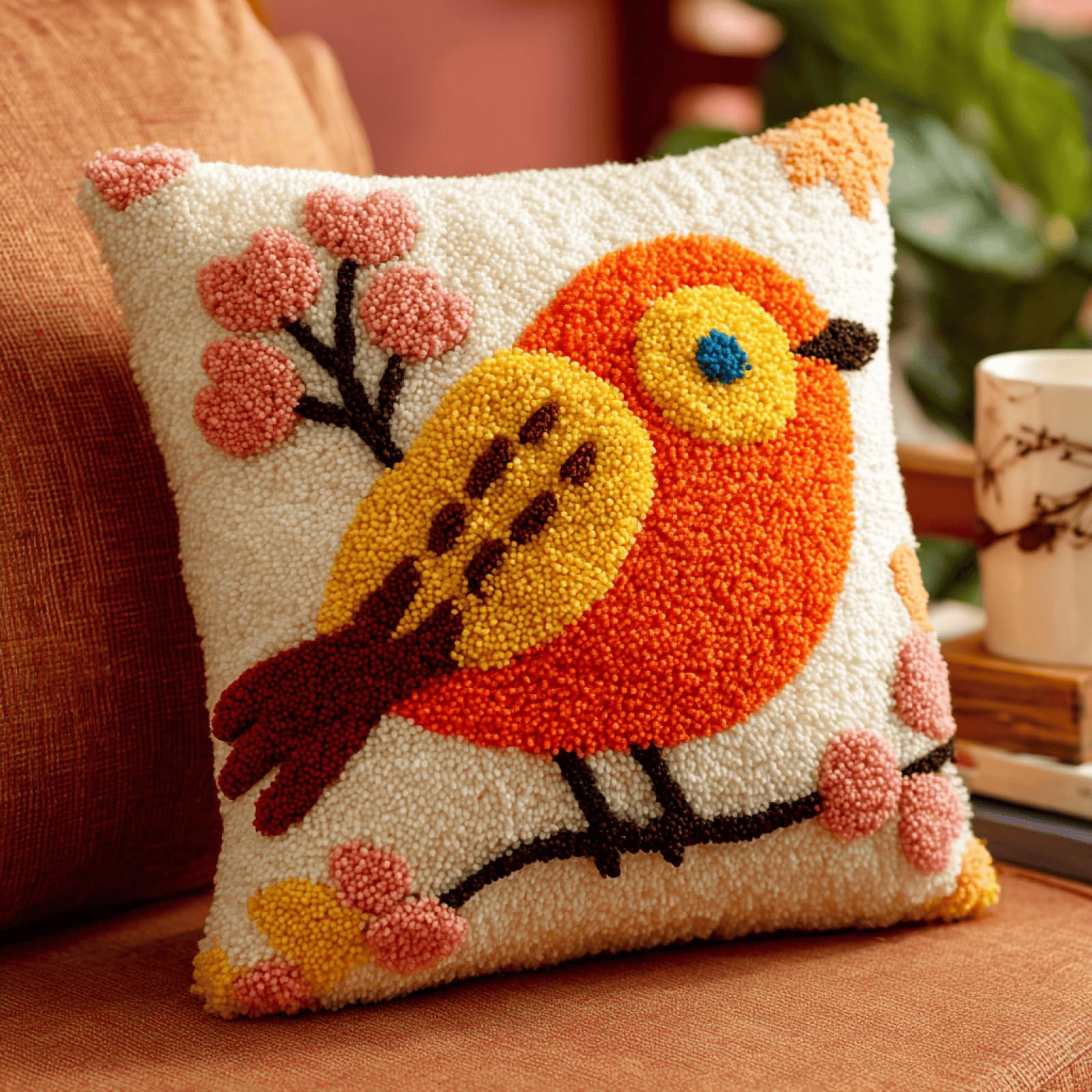 Taxpy Bird On Tree Latch Hook Cushion Kit for Adults,17x17in Pillow Cover Craft with Pre-Printed Canvas,Soft Yarn and Hook Tool for DIY Home Decor