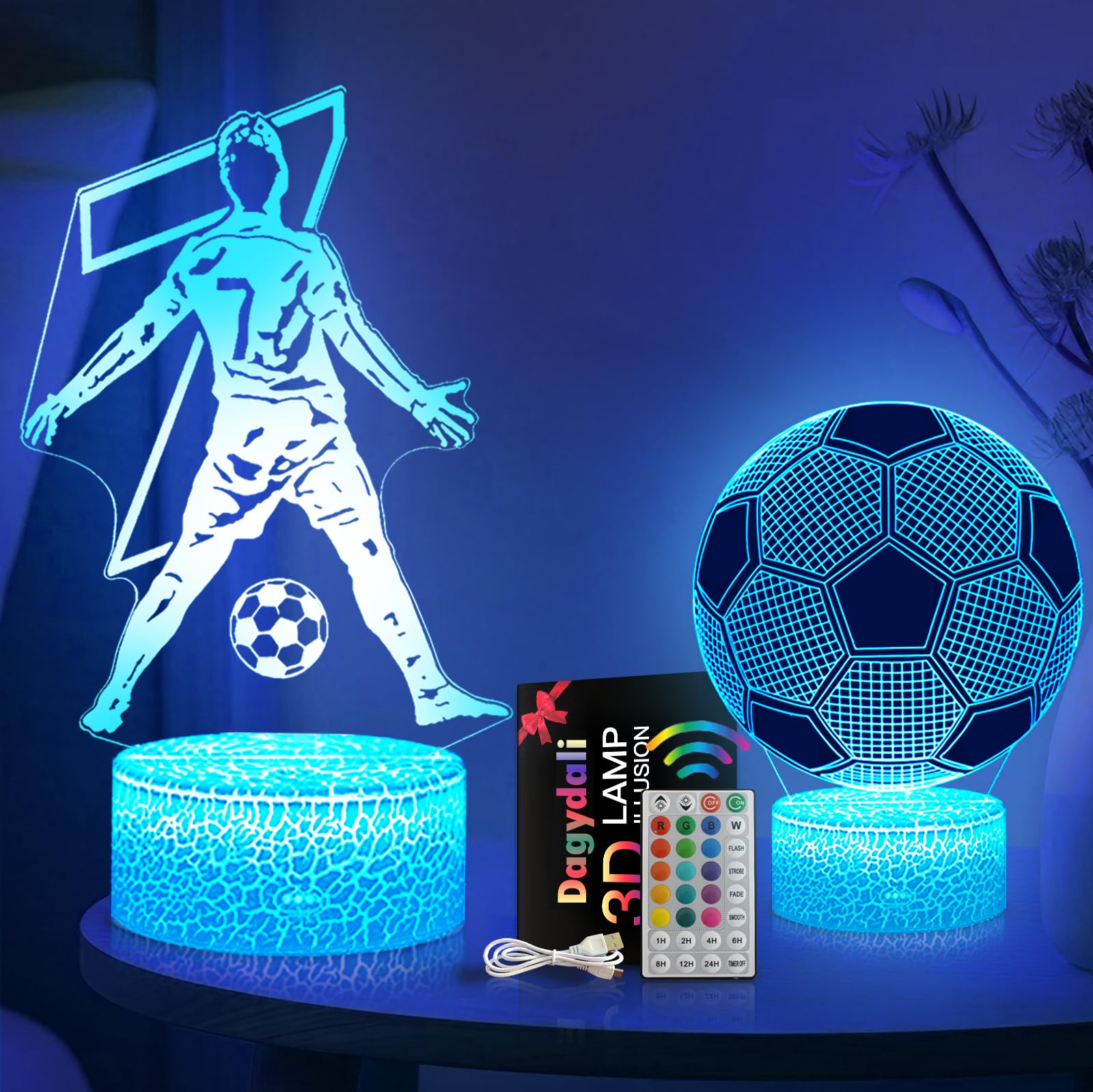 Football Gifts for Boys - Ronaldo Lamp (2 Patterns), 3D LED 16 Color Dimmable USB/Battery Powered Football Night Light with Remote Control and Smart Touch for Boys Room Decor Party Birthday Christmas — image 1