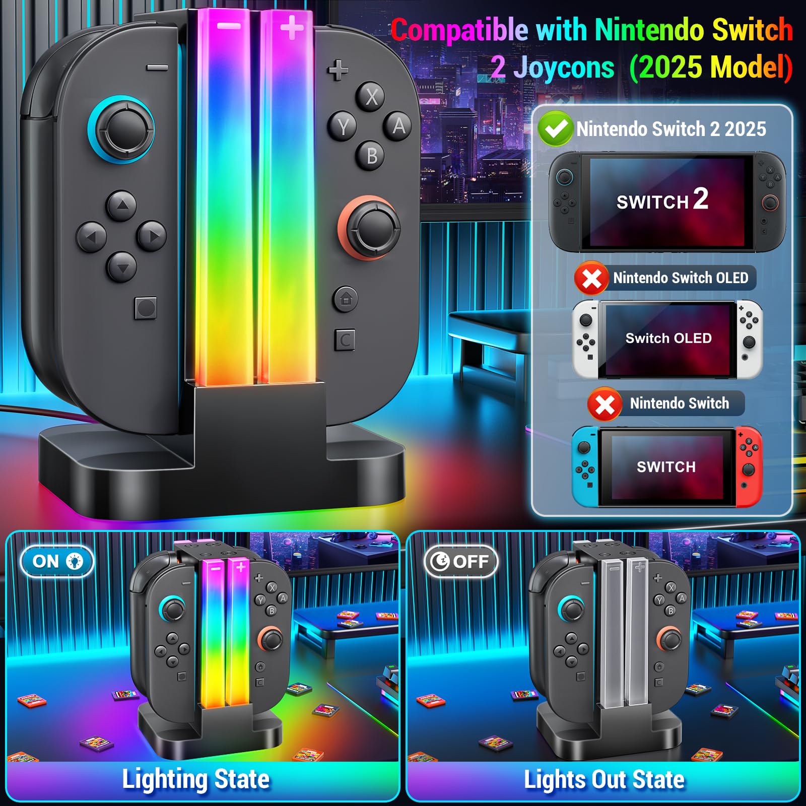 Station de Charge pour Manette Switch 2 Joy Cons, Station de Charge Compatible avec Manette Nintendo Switch 2 avec 6 Modes d'éclairage RVB et Fonction Minuterie et Contrôle de l'éclairage