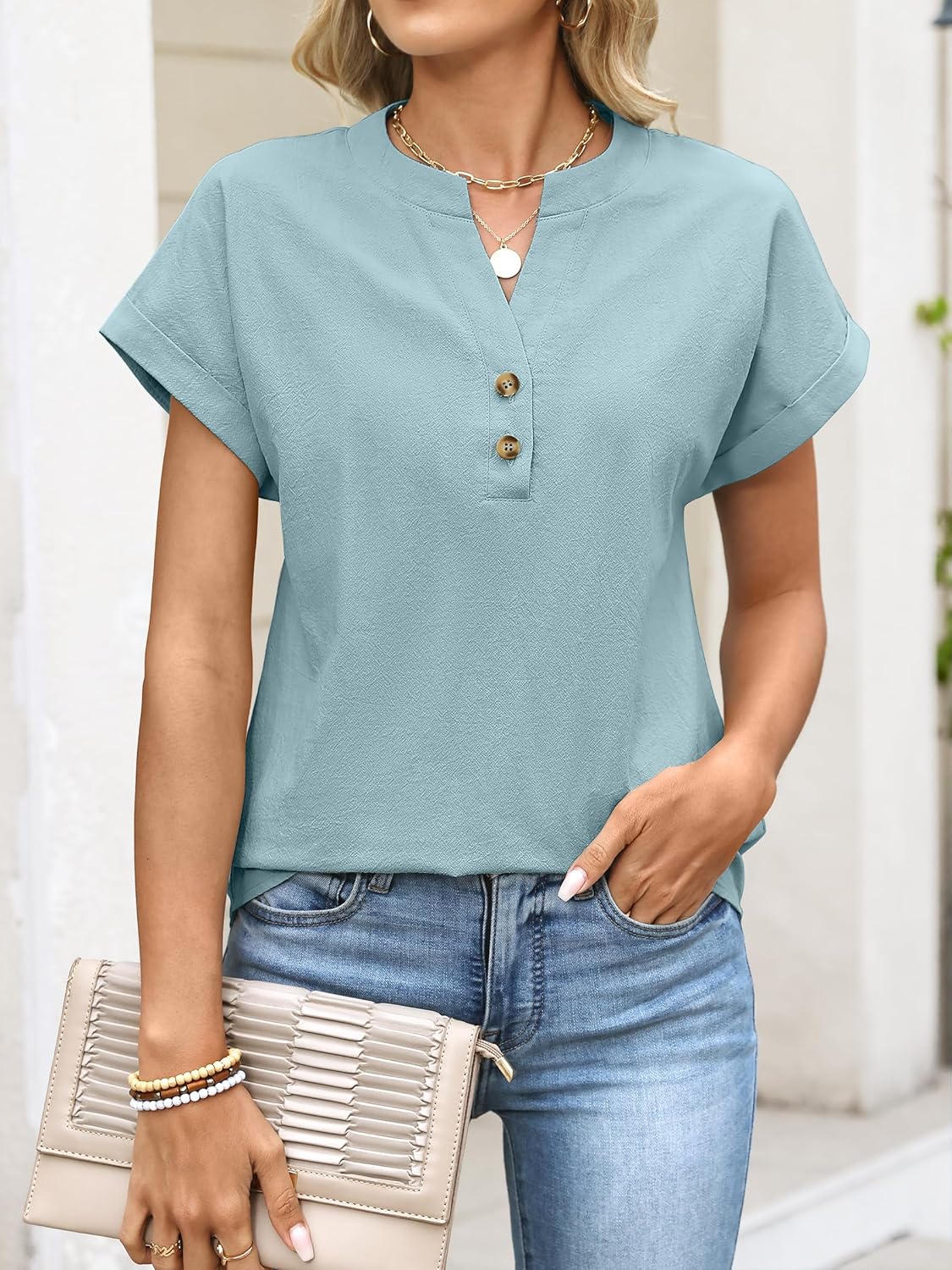 ANRABESS Womens Spring Tops 2026 Short Sleeve Shirts Henley Dressy Casual Blouses V Neck Fashion Tunics Trendy Flowy Clothing - Image 3