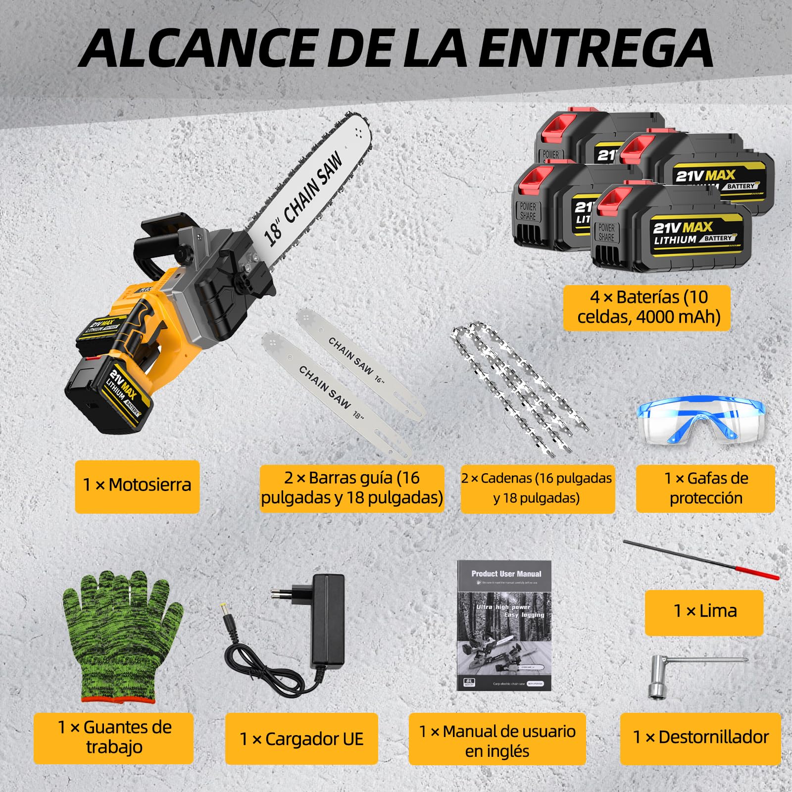 Motosierra eléctrica portátil, batería sin escobillas de 2200 W, lubricación automática de la cadena y freno de cadena, adecuado para trabajos forestales y de madera.