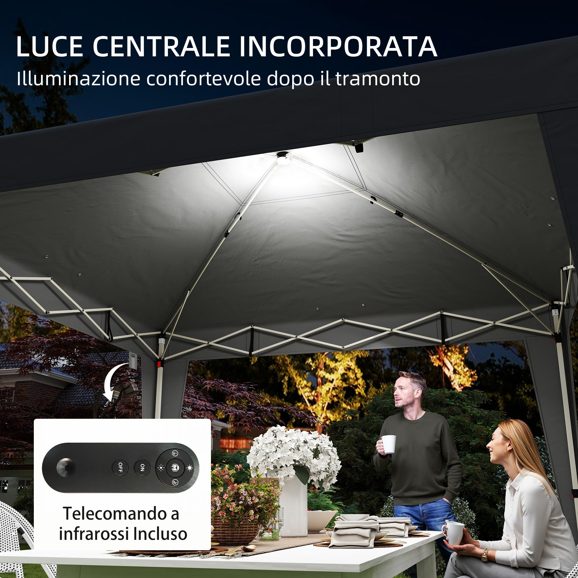 Outsunny Gazebo 3x3 m Pieghevole Pop Up ad Altezza Regolabile UV50+ Nero | Gazebo da Giardino, Luce Centrale e USB, Telecomando, Borsa da Trasporto, per Esterno Campeggio Feste