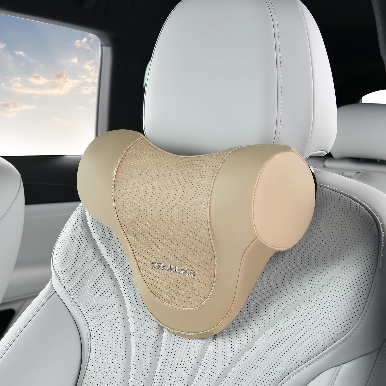 Coverado Car Headrest Pillow, Ergonomic Memory Foam Car Neck Pillow for Driving Seat with Adjustable Strap, Soft PU Leather Breathable Removable Cover Neck Support for Neck Pain Relief - Beige