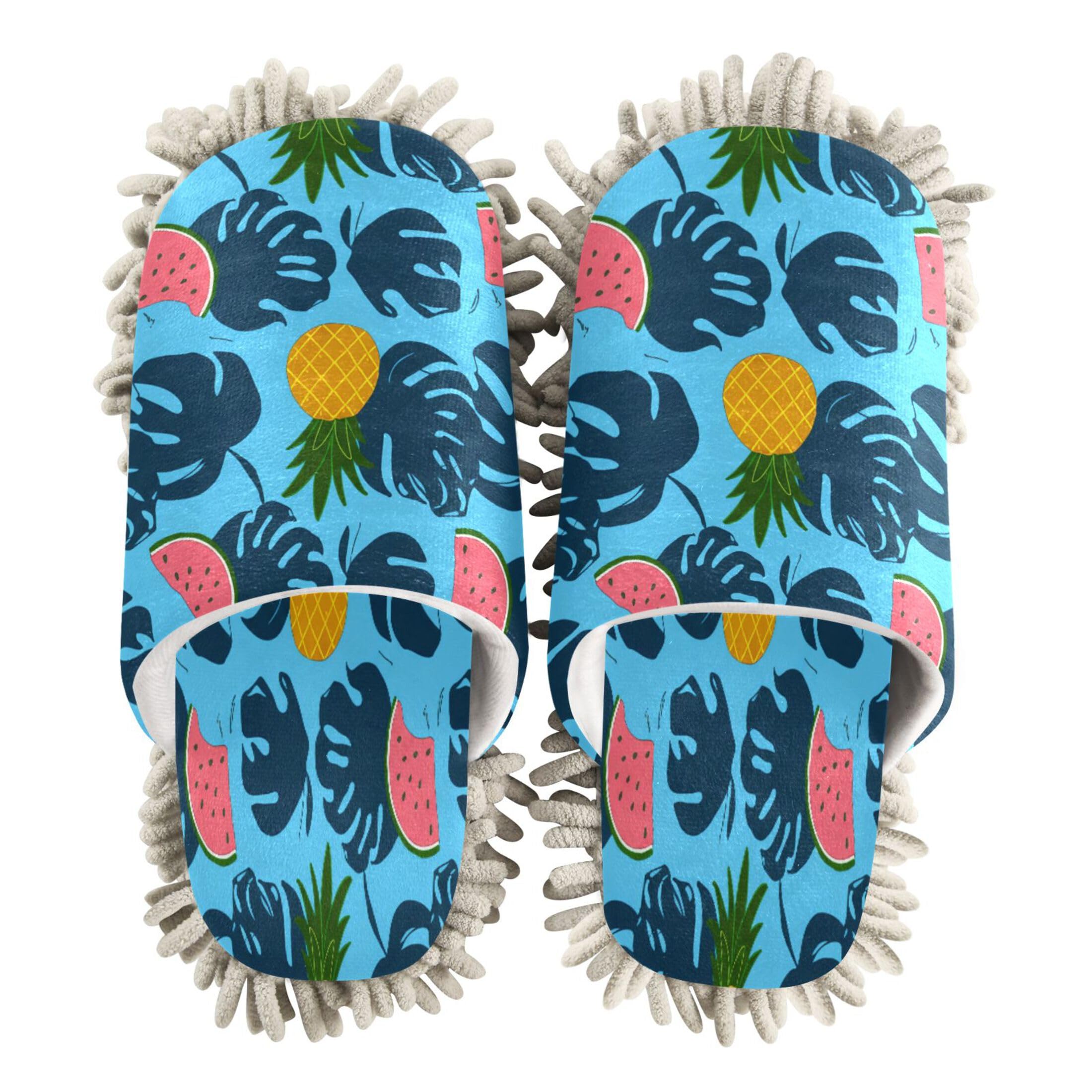 Kigai Watermelons Pineapples Leaves Mop Slippers for Floor Cleaning, Slippers for Women Men, Microfiber Floor Cleaning, M