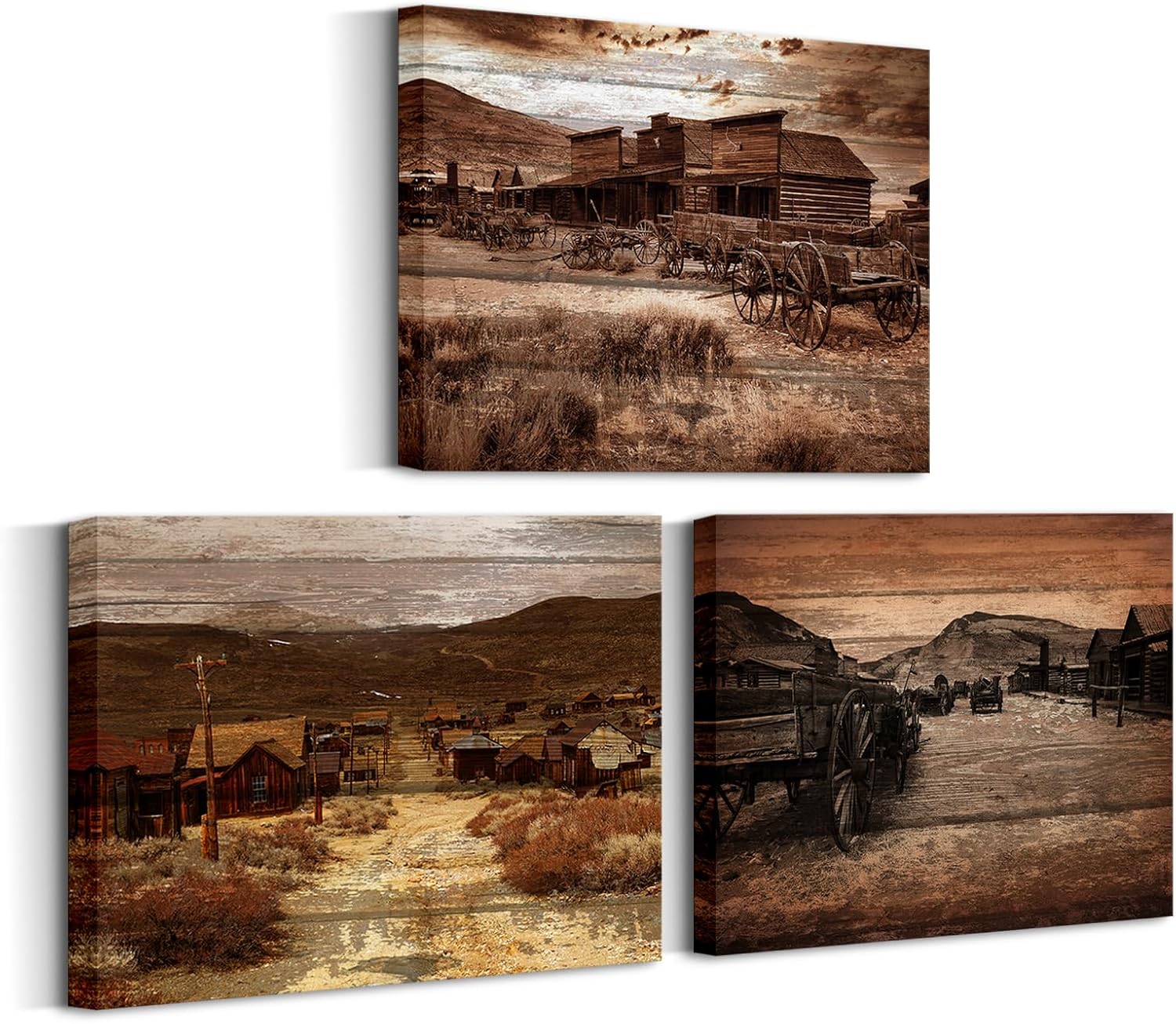 RnnJoile Wild West Wall Art Vintage Western Town Pictures Ghost Town Wagon Canvas Art for Home Cowboys Room Decor Set of 3 Framed Prints Sepia Tone (small)