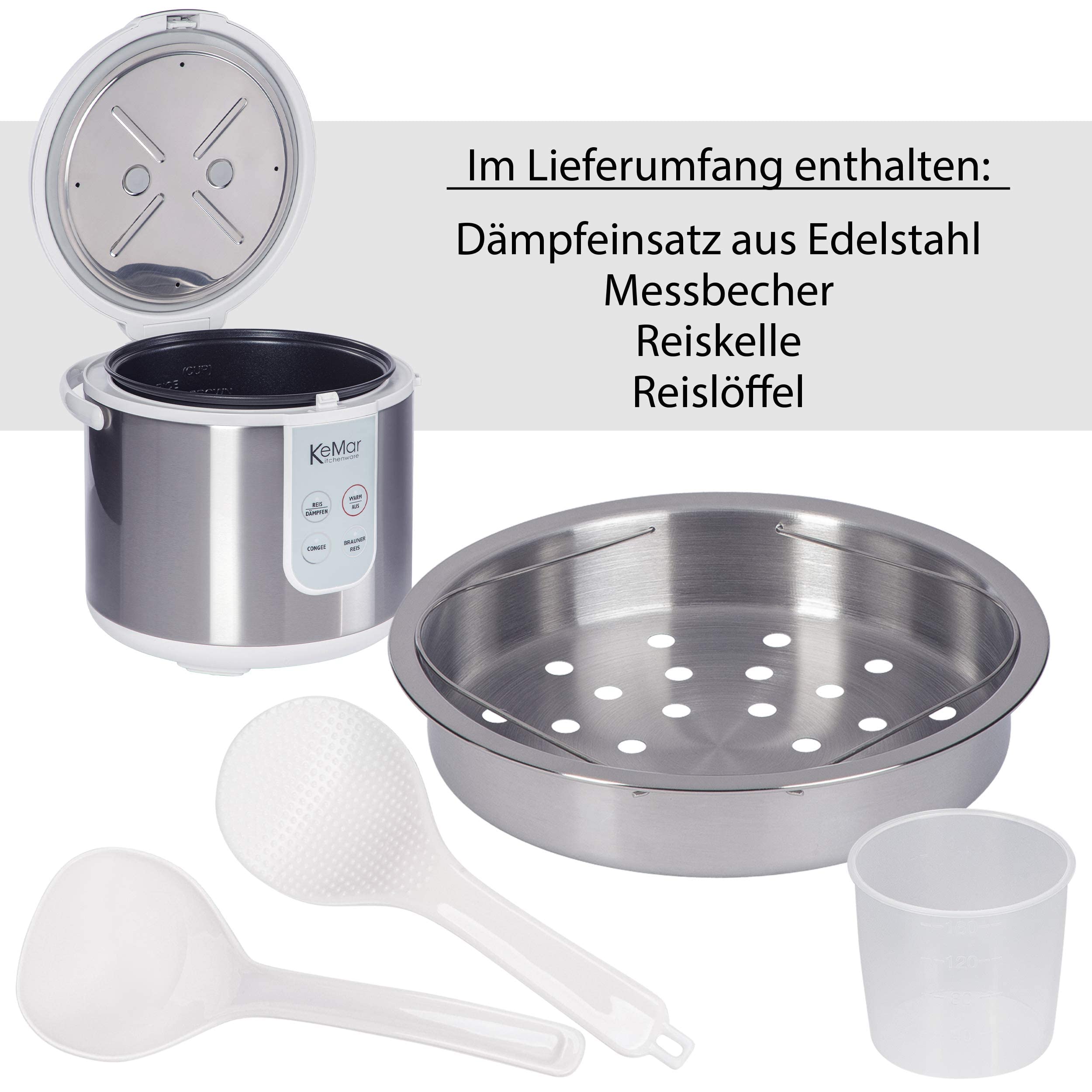 KeMar Reiskocher +GRATIS Essstäbchen (700W, 1,8l, Edelstahl) Brauner Reis, Naturreis - Keramik Beschichtung - Edelstahl Dämpfer, dampfgaren Gemüse und Fisch, Warmhaltefunktion, 4 Programme, KRC-130