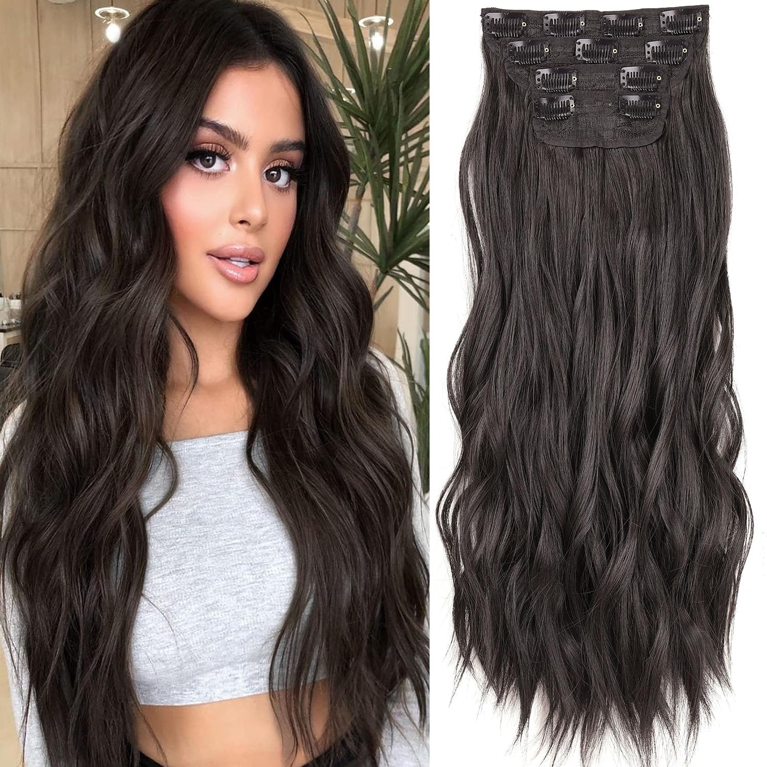 Xtrend 4PCS 24 Inch Long Wavy Hair Extensions - 11 Clips in Synthetic Hair Pieces for Women - Thick Curly 2# Color