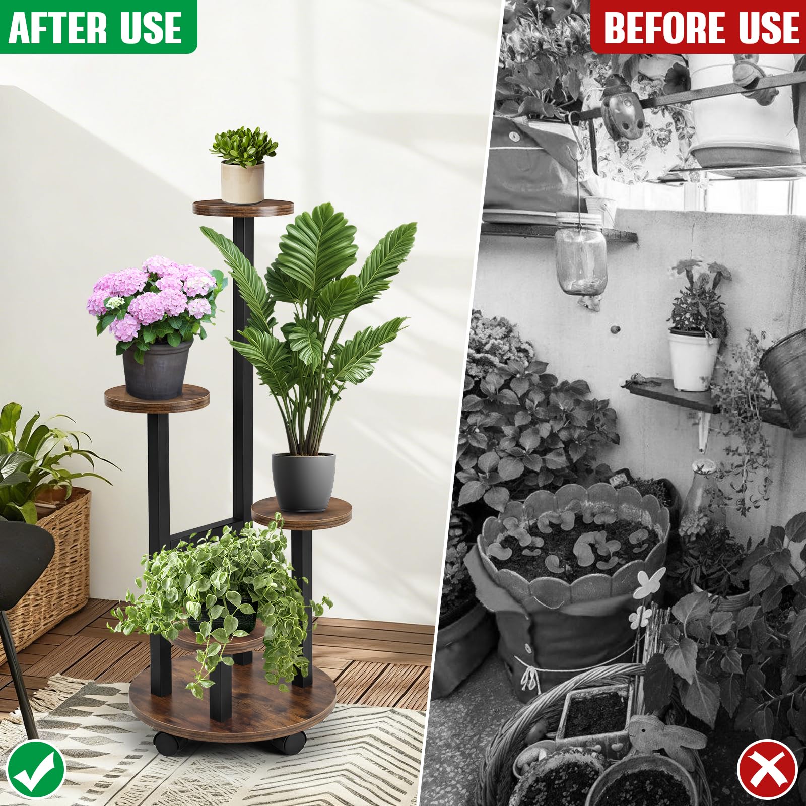 Porte-Plantes Rond sur Roulettes, 5 Étagères, 85 cm de Hauteur, Support en Métal et Bois, Stabilité et Gain de Place pour Salon, Balcon