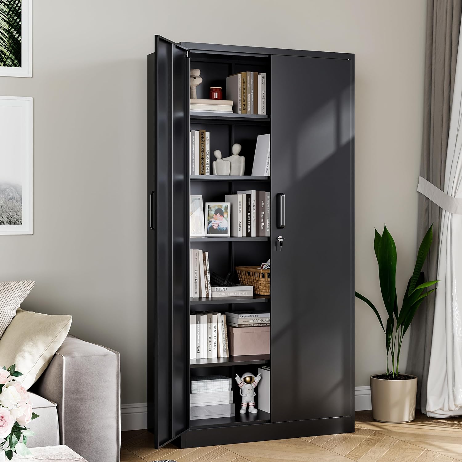 Metal Garage Storage Cabinet, 71-inch Tool Cabinet with 5 Adjustable Shelves & Locking Doors, Tool Cabinets for Garage,Office,Home,School,Gym Storage (Black)