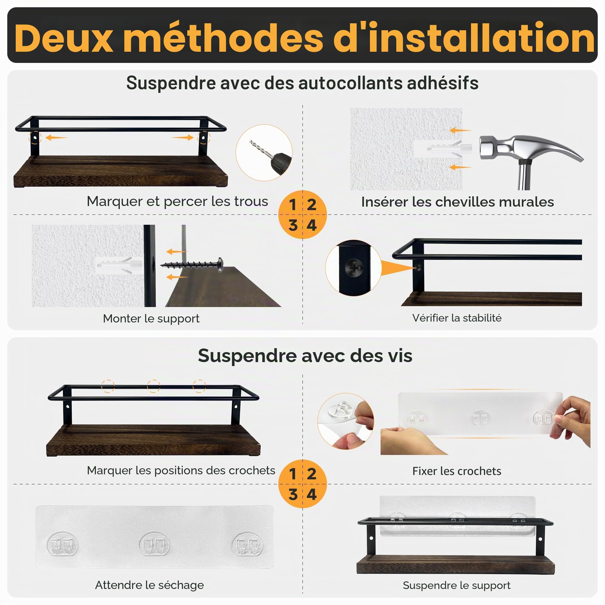 Étagère à épices murale à 2 niveaux avec 12 bocaux en verre, 216 étiquettes et entonnoir – Support à vis/adhésif, rangement à épices en métal noir et bois pour placard de cuisine, garde-manger