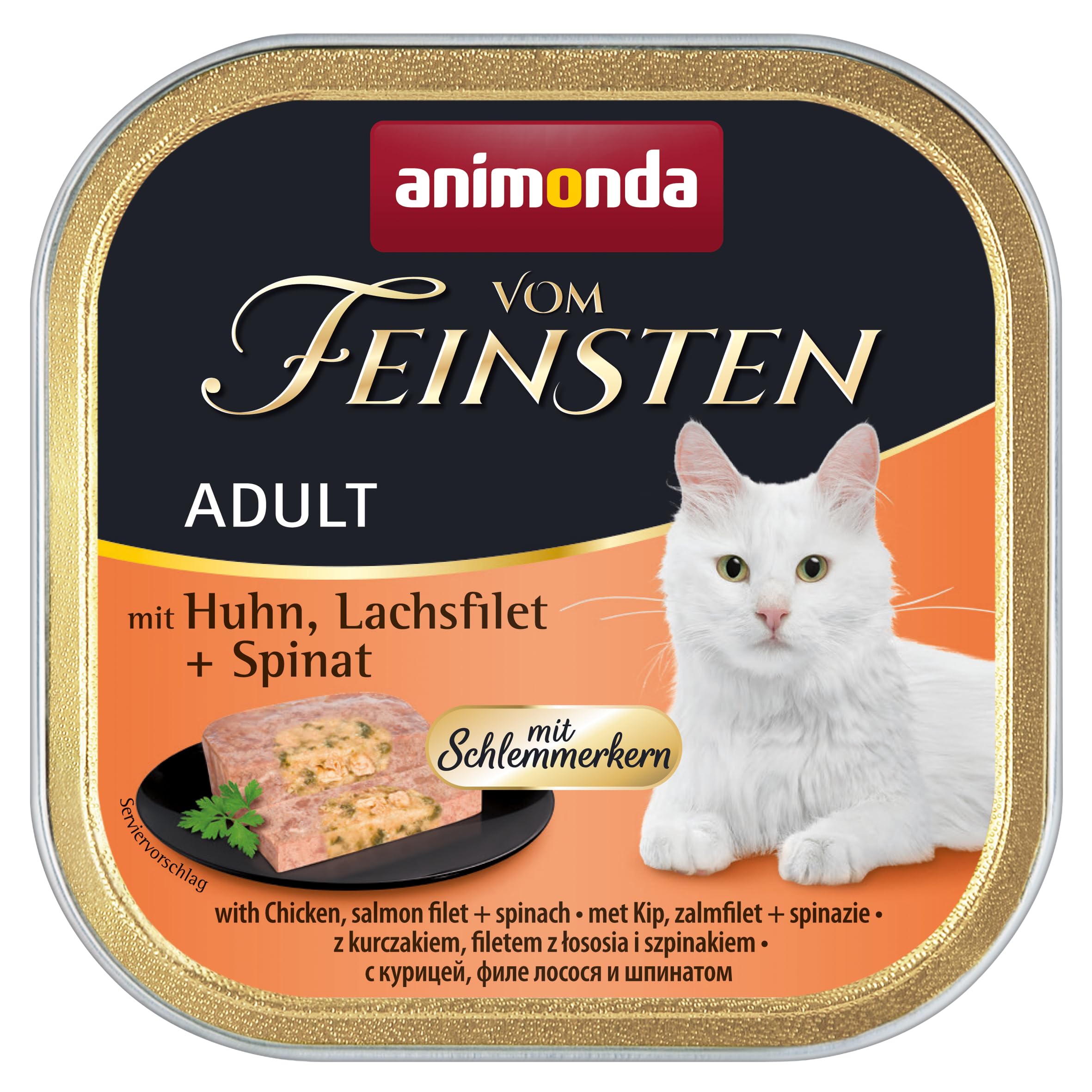 animonda vom Feinsten mit Schlemmerkern in Huhn & Lachsfilet + Spinat (32 x 100g), getreidefreies Katzenfutter nass ohne Zucker, mit frischen, fleischigen Zutaten