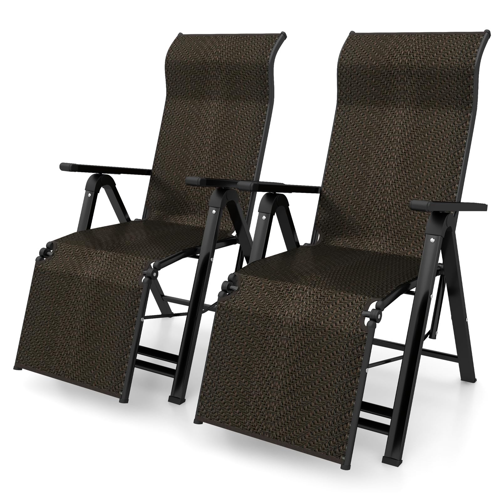 COSTWAY Sdraio da Giardino Pieghevoli in Rattan e Acciaio, Schienale Regolabile 10 Posizioni, Portata 113 kg, 2 Pezzi