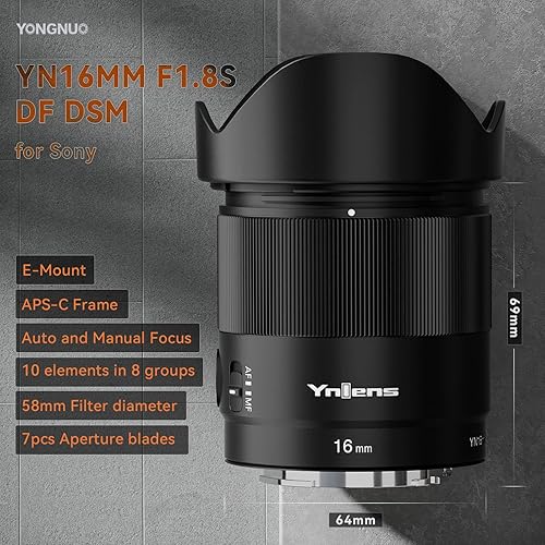 Miniatura 2 de Yongnuo Lente YN16MM F1.8S para Sony E-Mount, lente Prime gran angular de 0.630 in, lente de enfoque automático con marco APS-C de gran apertura F1.8