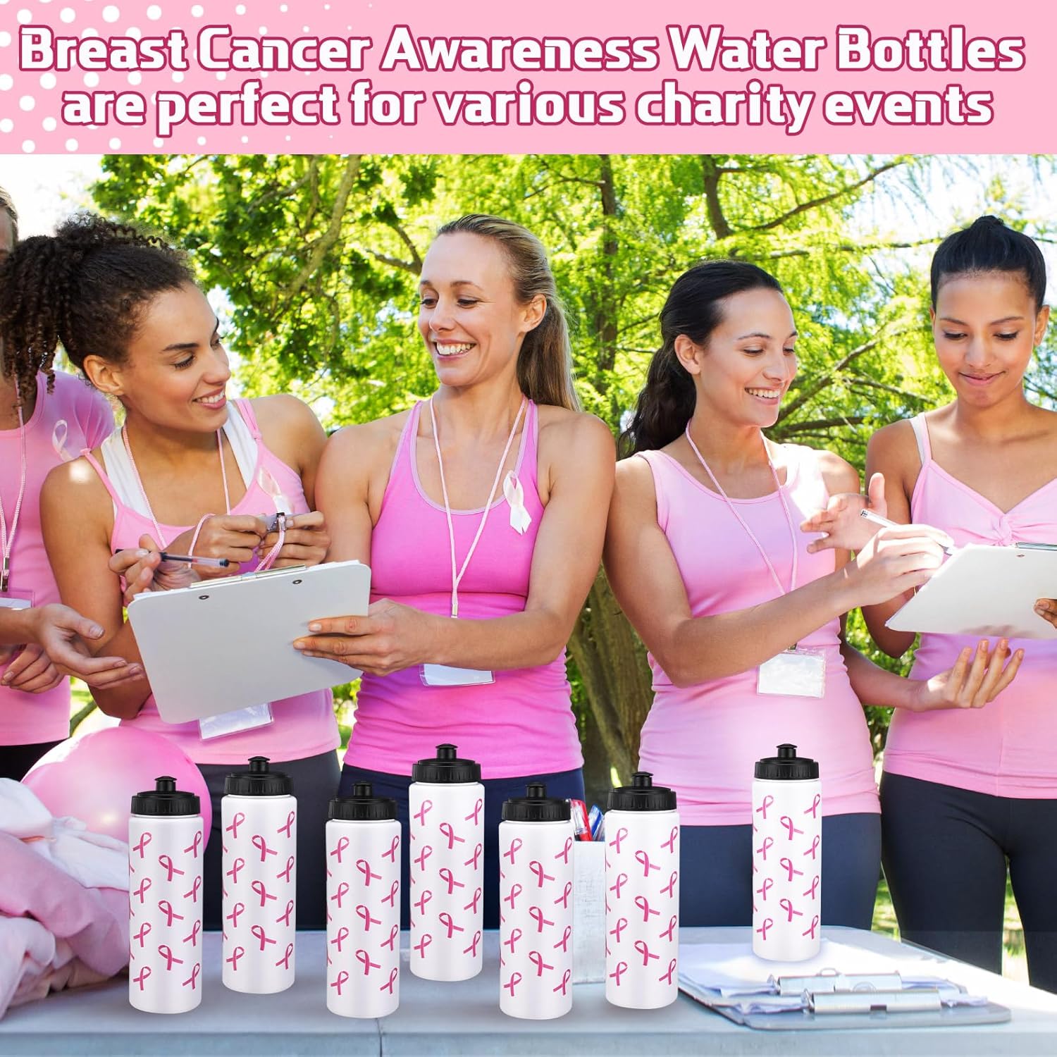 12 Packs Breast Cancer Awareness Water Bottles 50 Pcs Pink Ribbon Sticker 20oz Pink Football Water Bottles Breast Cancer Awareness Football Accessories for Gifts Sport Team(White)