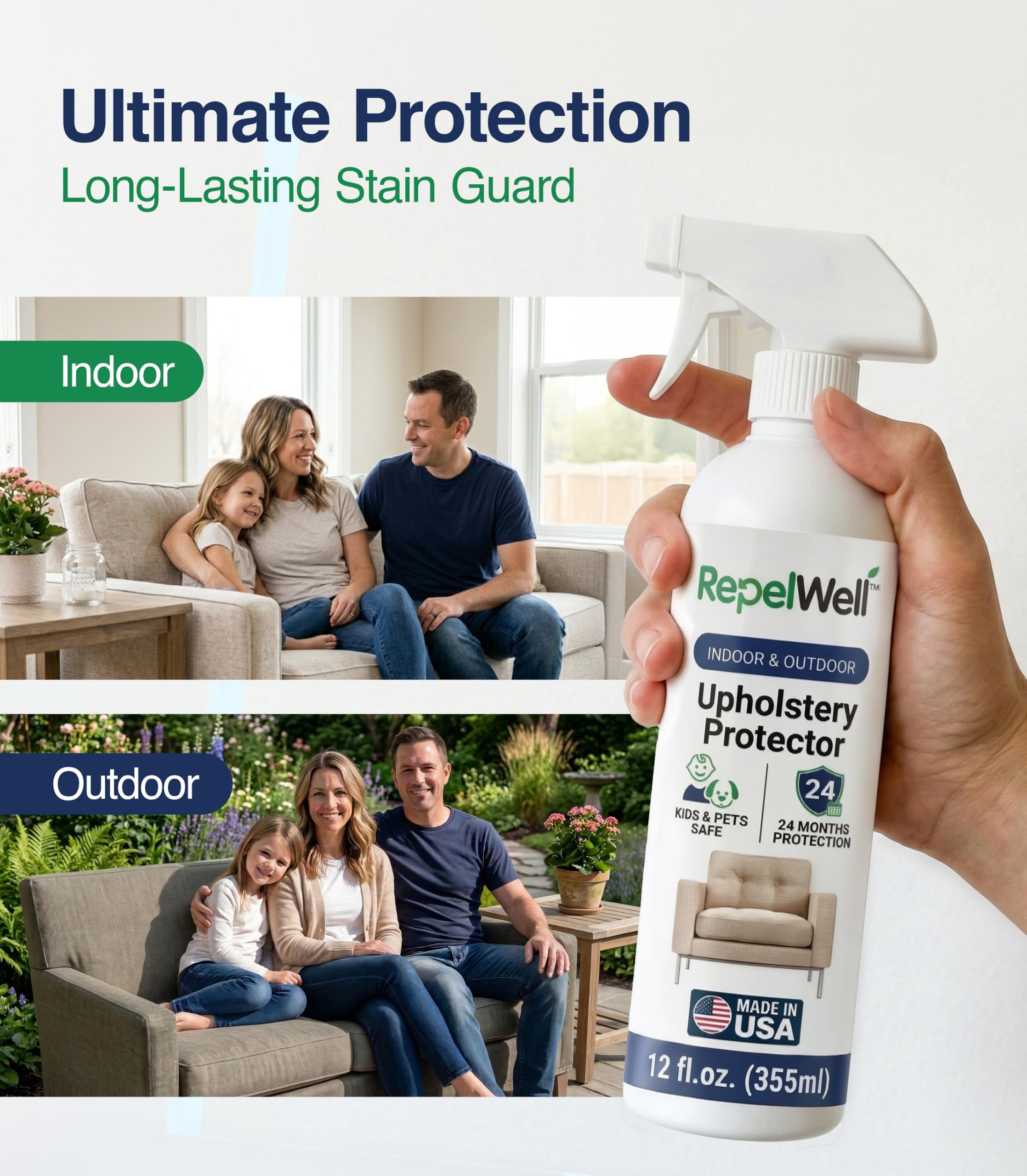 RepelWell Upholstery Protect - Spray Repelente al Agua y Manchas (12 onzas), Respetuoso con el Medio Ambiente, Apto para Mascotas, Mantiene tu tapicería de Tela, Cuero y Gamuza como Nueva