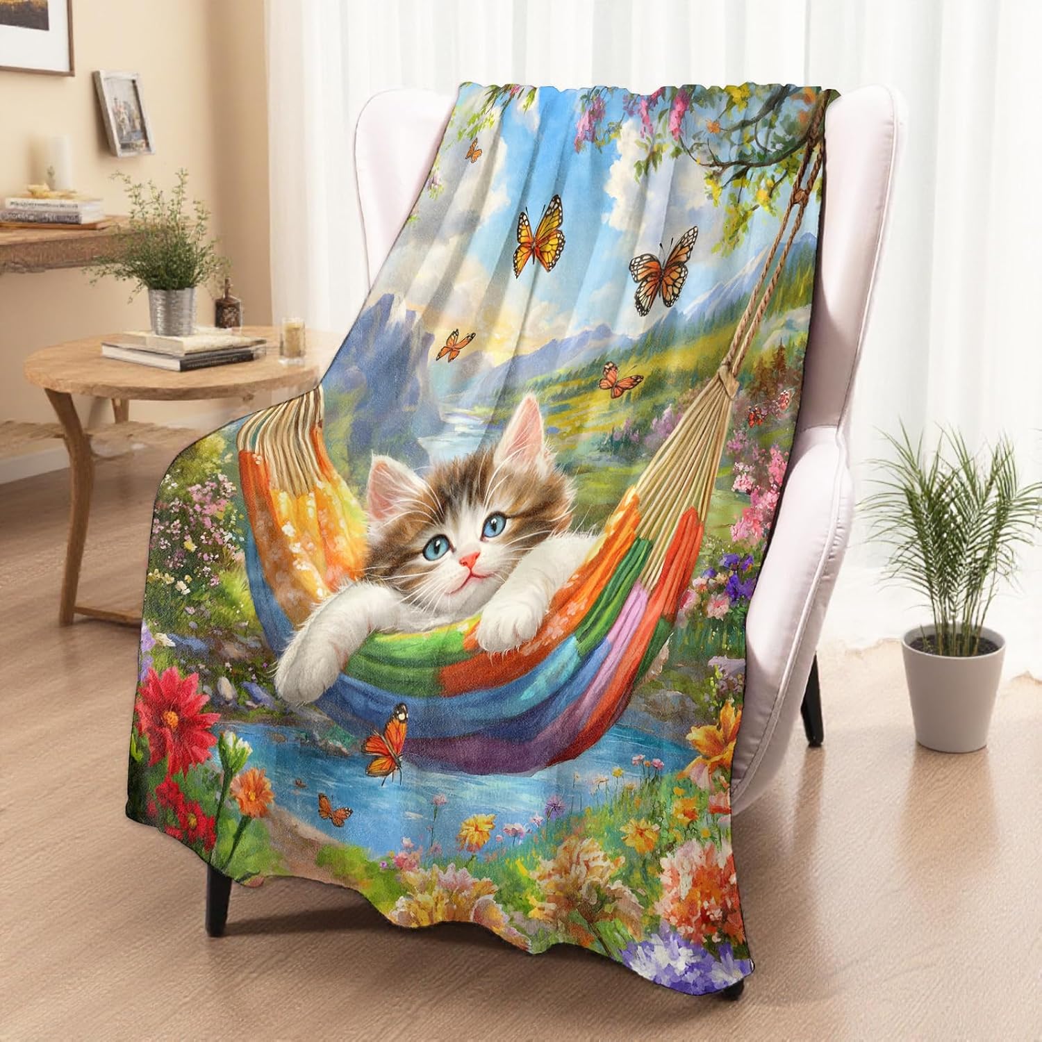 Cute Cat in Hammock Blanket, Cozy Plush Throw Blanket for Couch Bedroom Outdoor, Lightweight Soft Flannel Travel Blankets, Gifts for Women Adults Kids, Warm Decor 50"×60" - Image 2