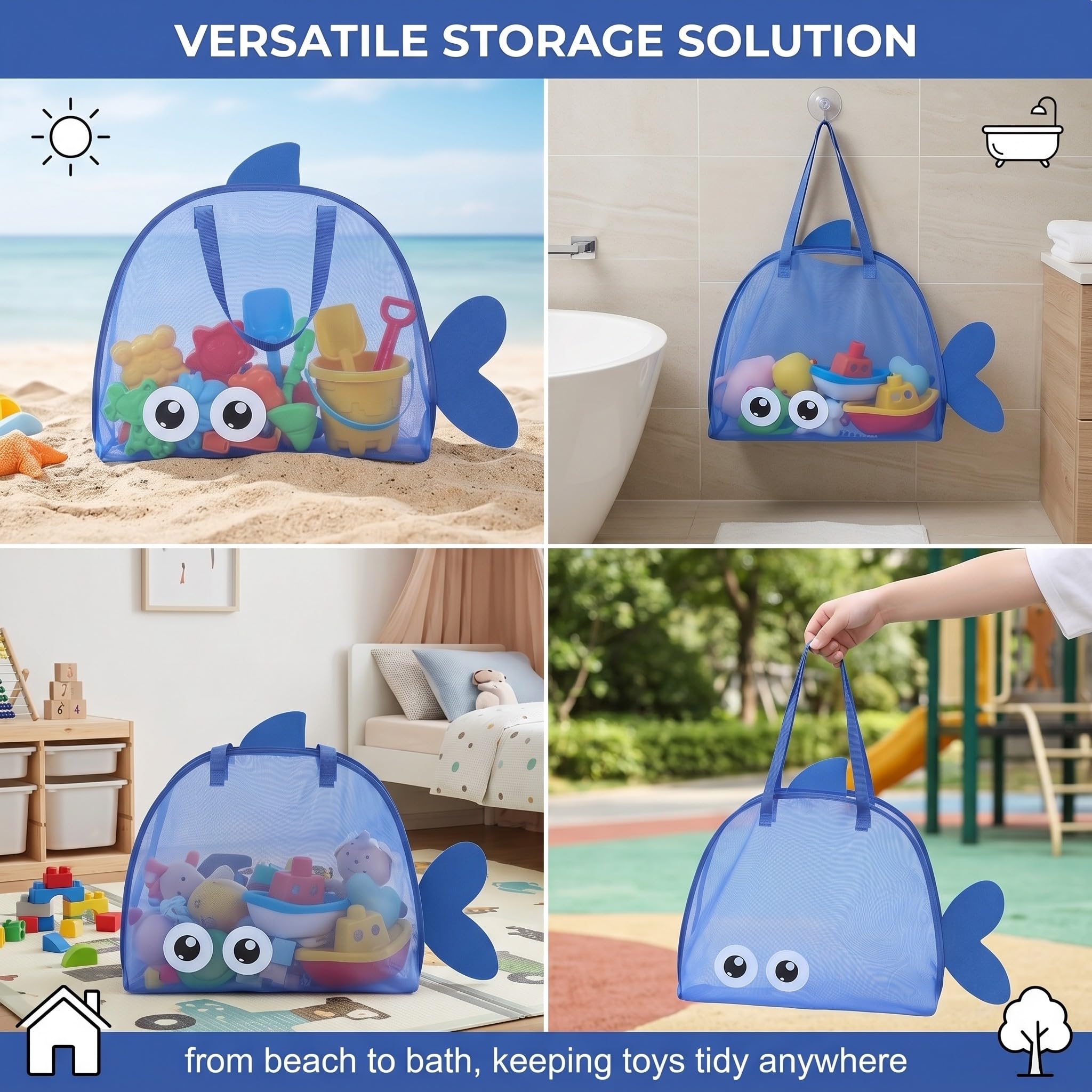 Borsa Spiaggia Grande per Bambini, Giochi Spiaggia Bambini, Borsa Mare a Rete Porta Giochi Spiaggia e Piscina, Borsa da Spiaggia Pieghevole per Giocattoli e Asciugamani, 46.5x12x40cm, Blu