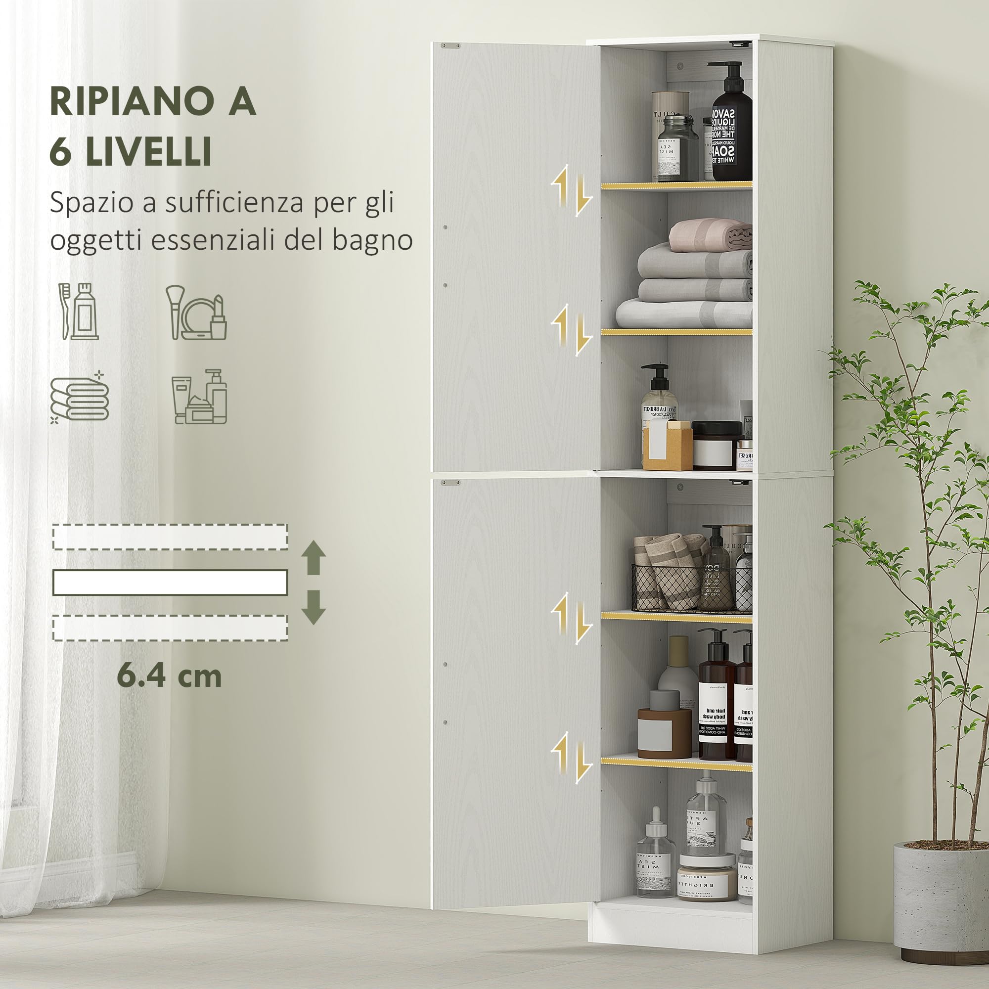 Goedkoop HOMCOM Smalle Badkamerzuil Met 2 Deuren En 4 Planken Wit 40 X 35 X 180 Cm