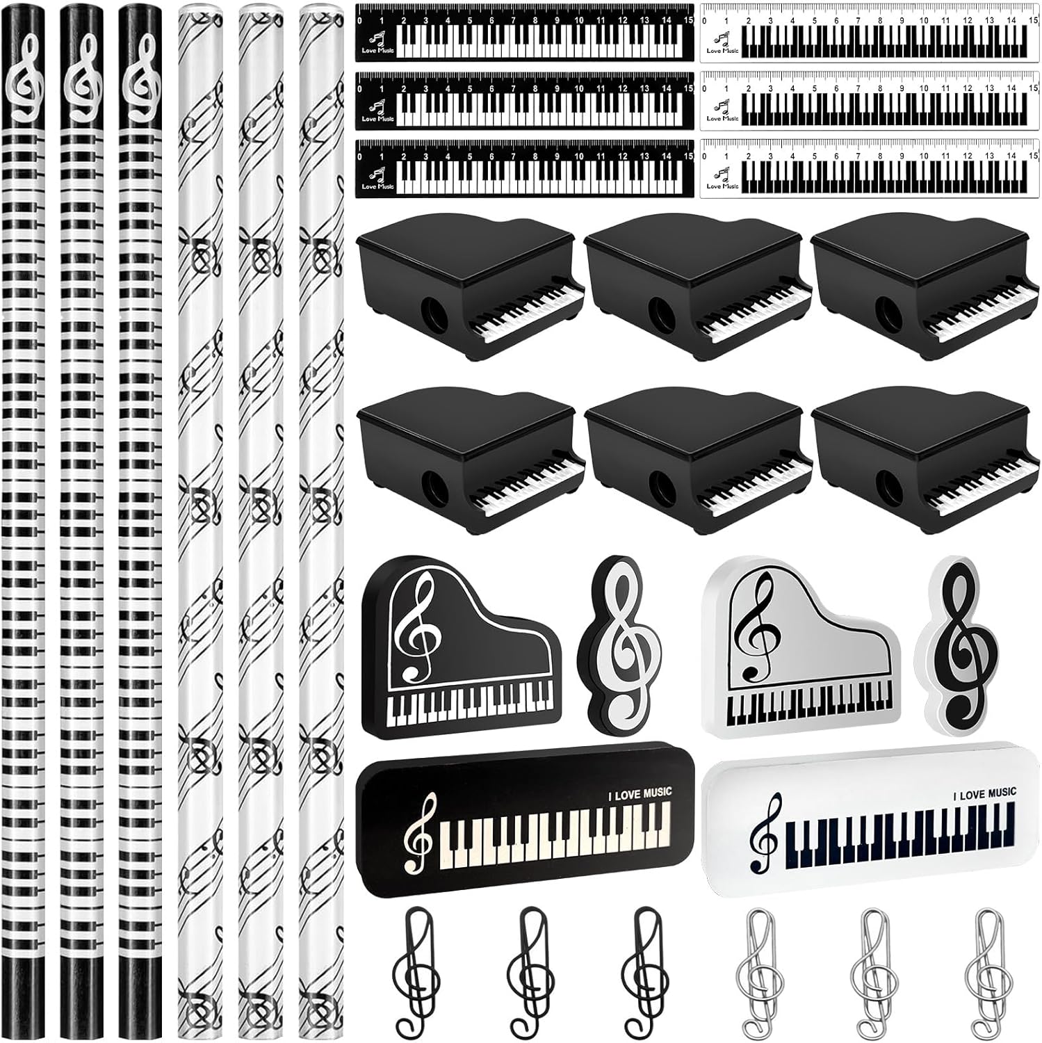 30 Pcs Music Pencil Stationery Set Back to School Gift Piano Prizes Music Note Pencil Paper Clips Rulers Piano Pencil Sharpeners Erasers Music Themed Gifts for Classroom First Day of School