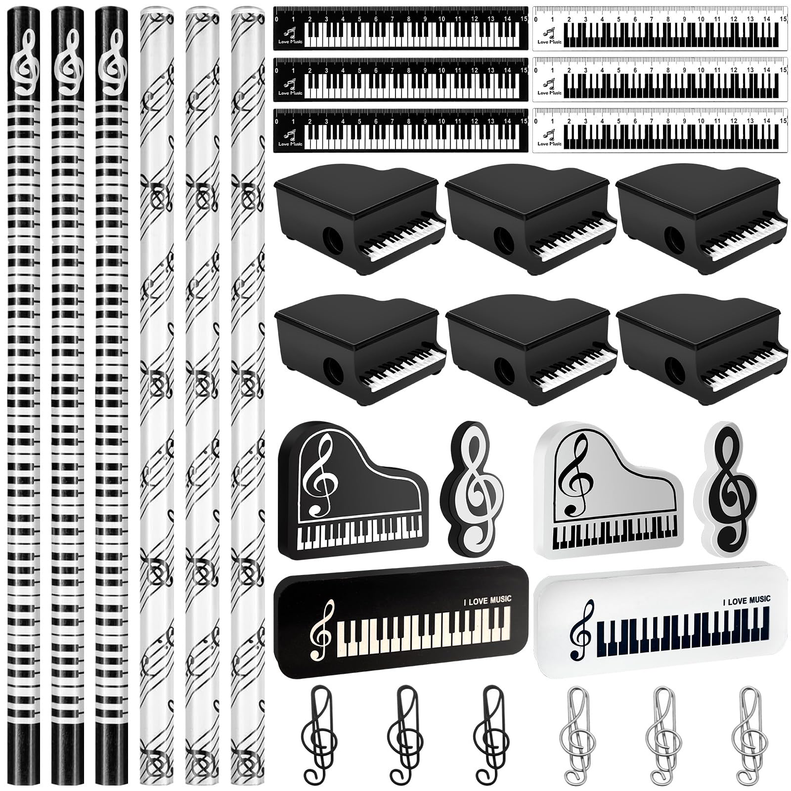 30 Pcs Music Pencil Stationery Set Back to School Gift Piano Prizes Music Note Pencil Paper Clips Rulers Piano Pencil Sharpeners Erasers Music Themed