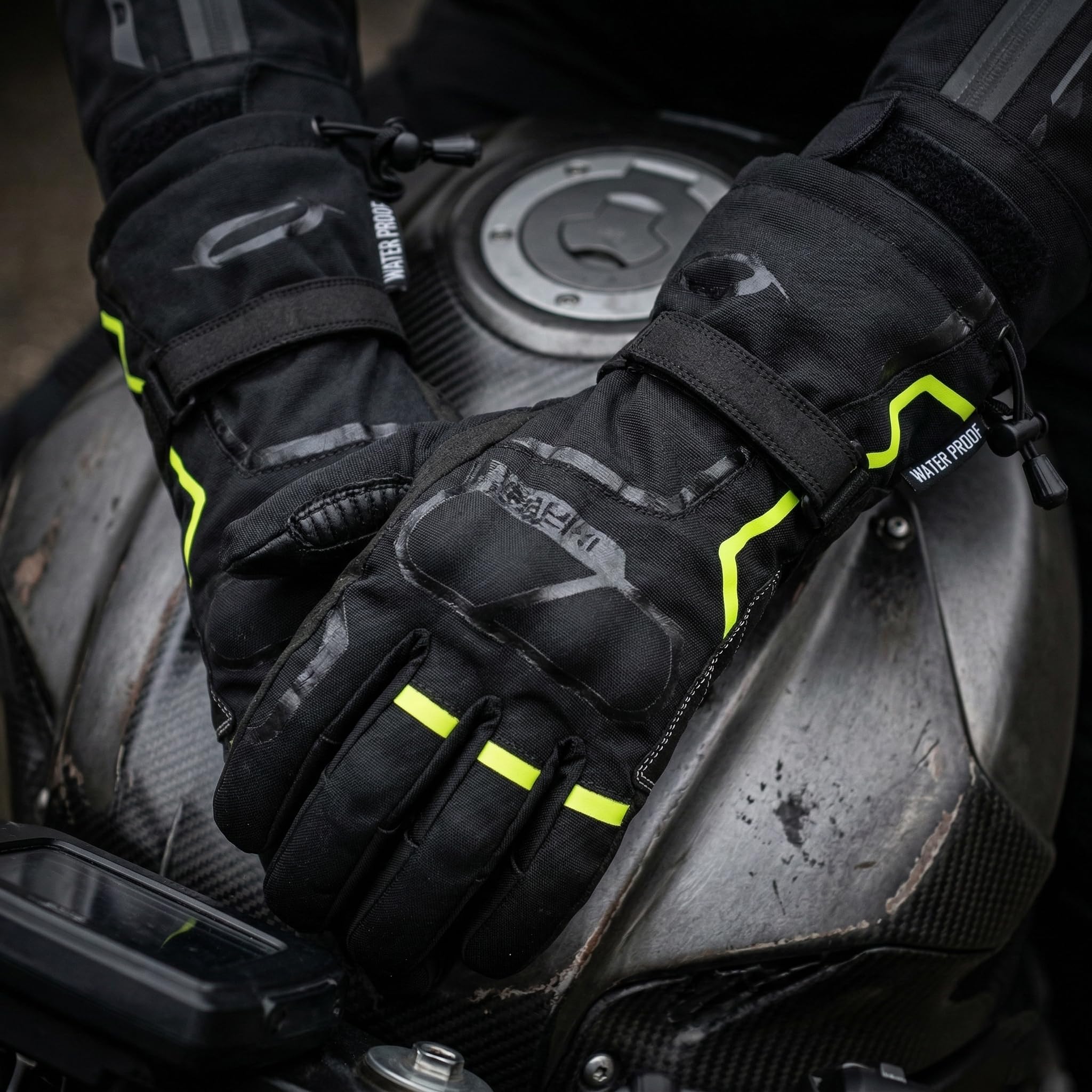 Gants d'hiver shadow-8 -tissu renforcé - moto homologués CE - approuvés CE - gants en cuir imperméable réfléchissant noir, jaune