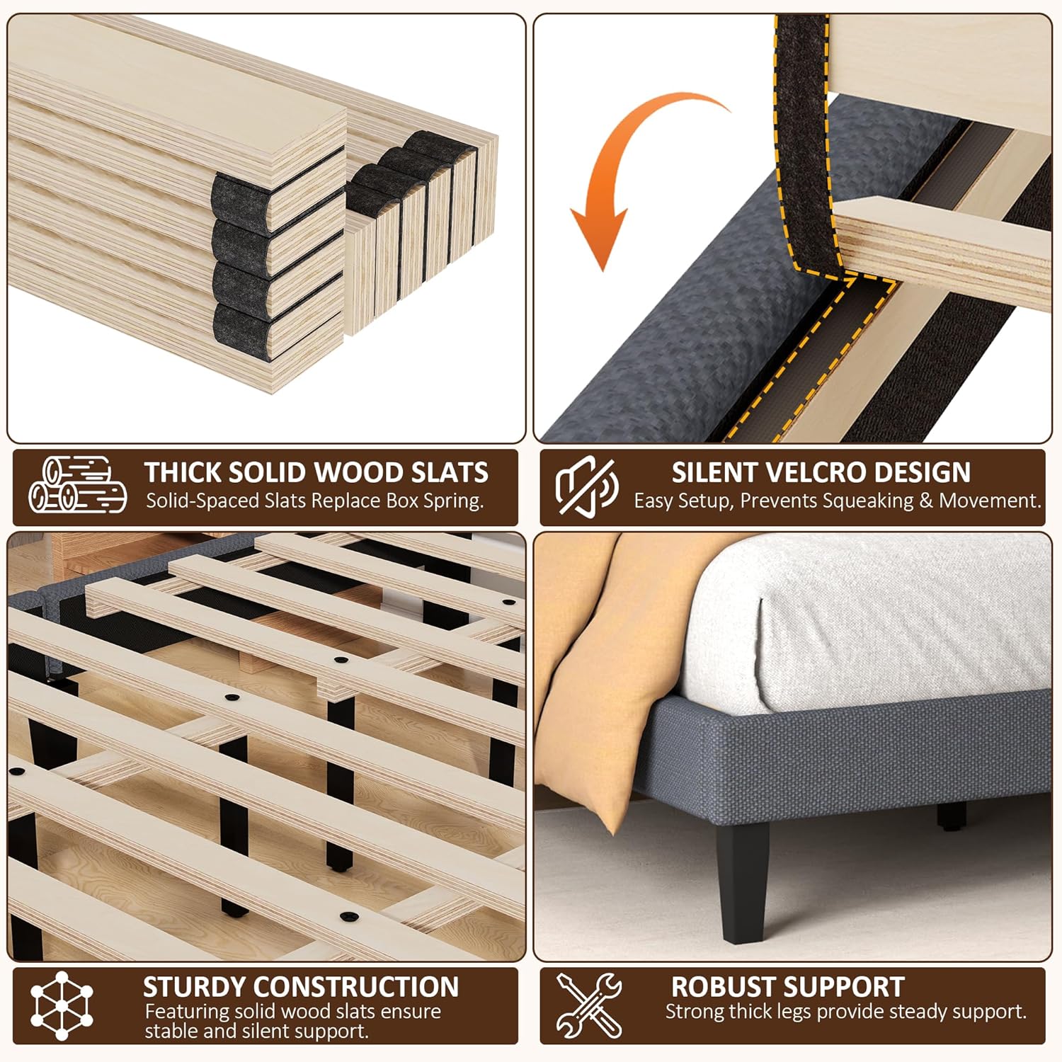 King Bed Frame, Dark Grey, Upholstered Wooden Slat Bed Frame with Headboard, Easy Assembly, Underbed Storage, No Box Spring Needed, 190×208CM