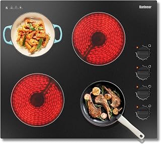 Karinear Placa Vitroceramica 4 Fuegos, Mando por Botón, Apagado Automático, Indicador de Calor Residual, sin Enchufe, Vitrocerámica 60 CM con Mandos, 220-240 V, 6000 W