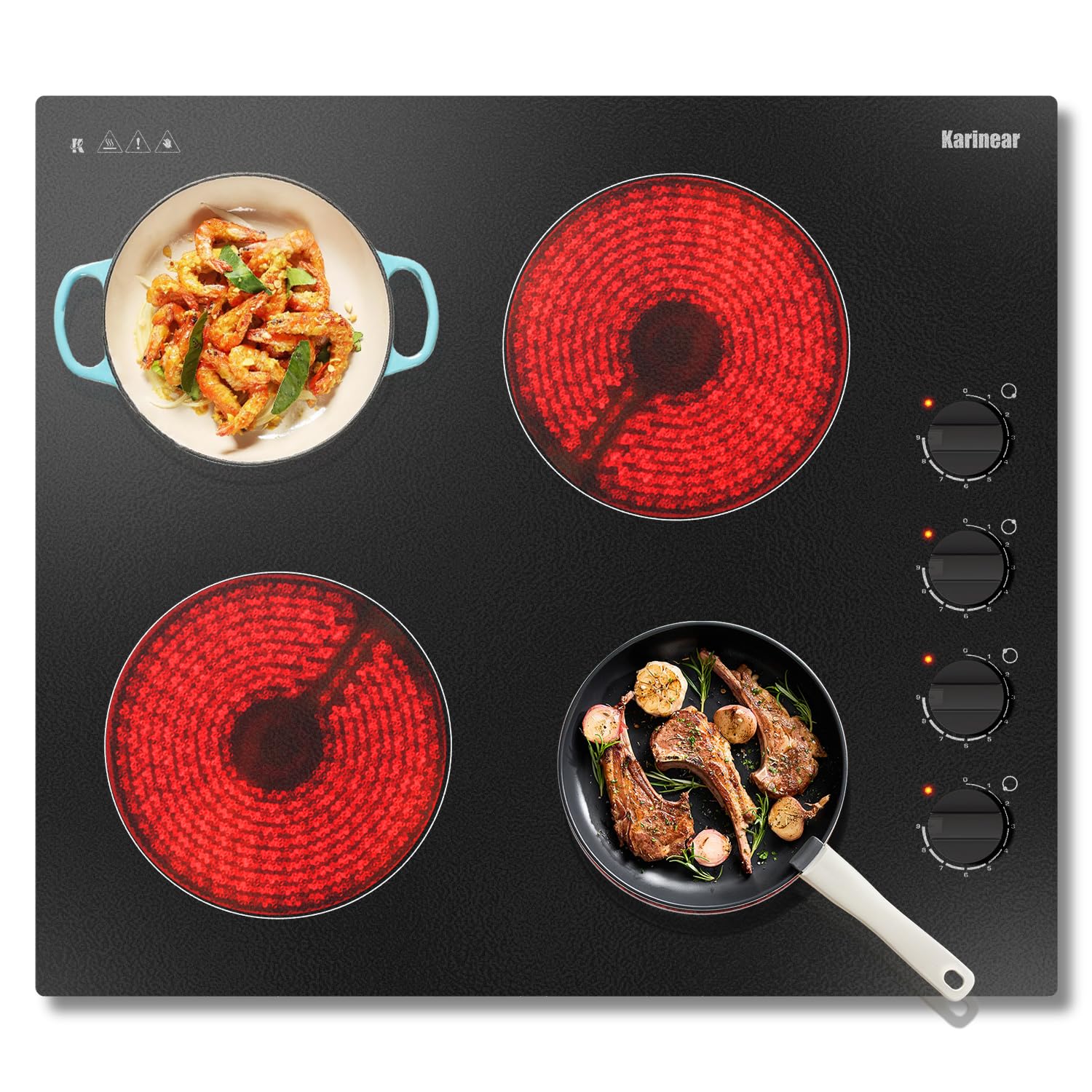 Karinear Glaskeramikkochfeld 4 Platten, Kochfeld Autarkes 60 cm, Drehknopf, Schwarz Matte Keramikglas, 6000W, 4 herdplatten, Automatische Abschaltung, Überhitzungsschutz, kein Stecker, 240V, 32A