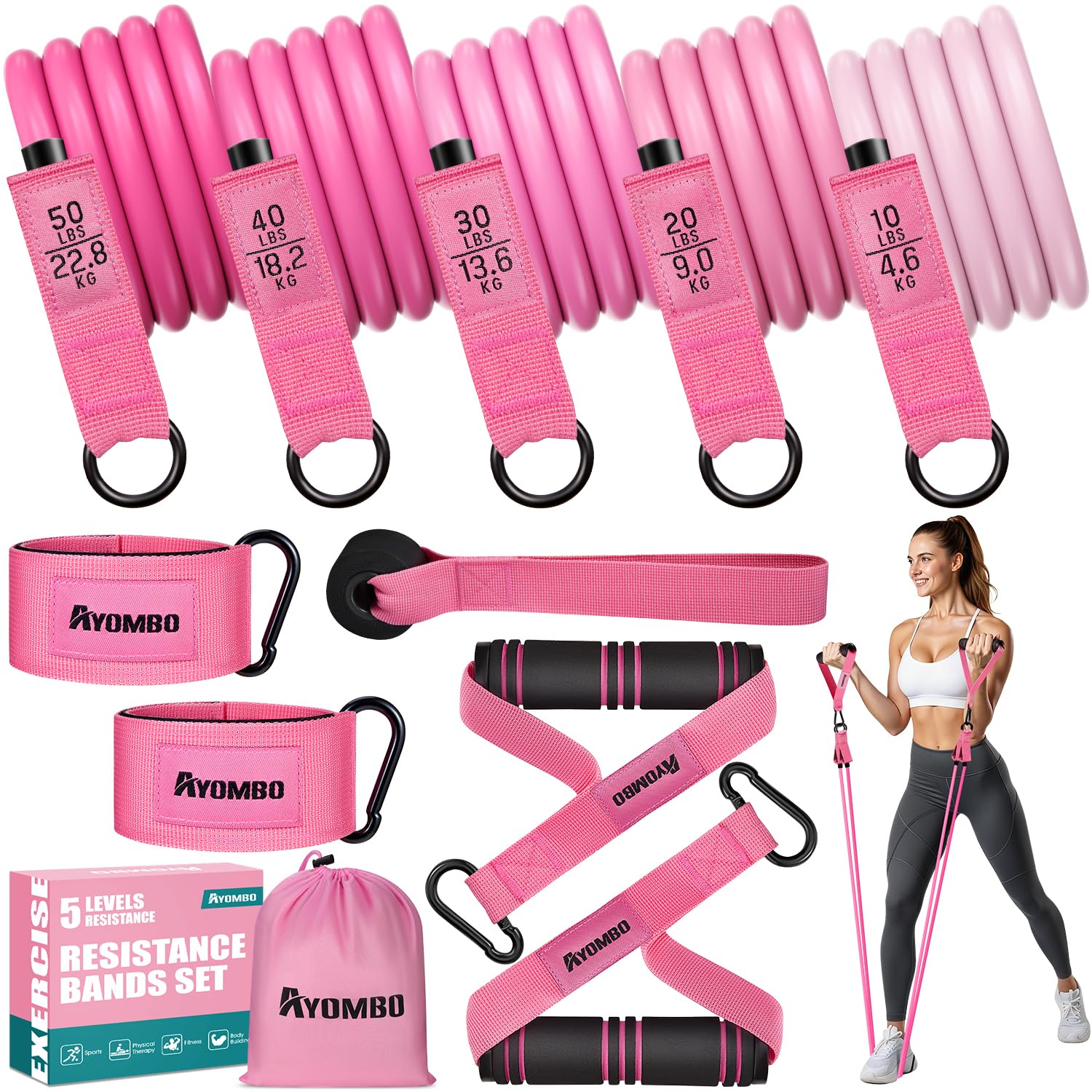 Ayombo Resistance Bands with Handles for Women, Exercise Bands Set for Physical Therapy Yoga Pilates, 5 Level Workout Bands for Working Out with Door
