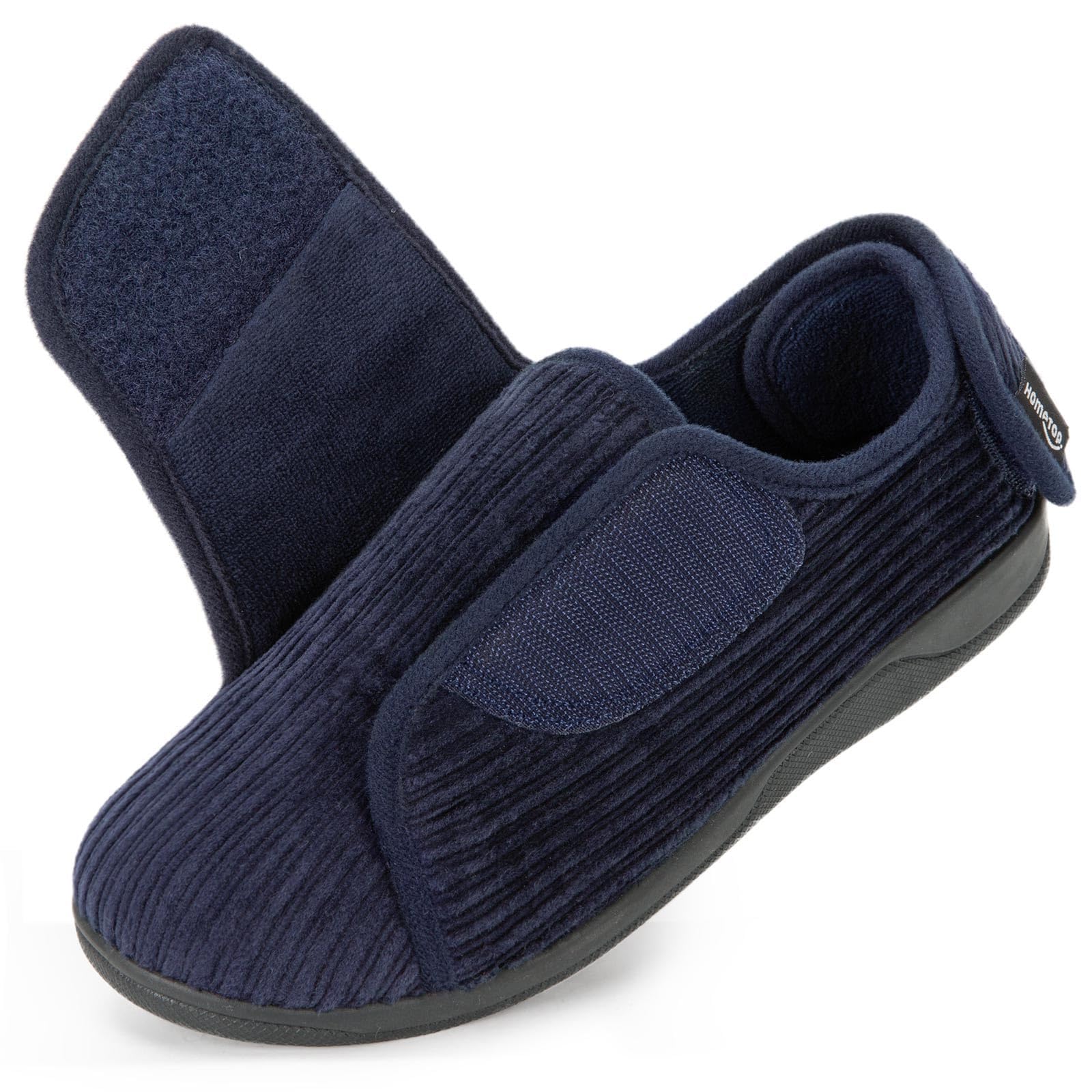 Women's Wide Fit Corduroy Slippers, Adjustable Hook & Loop with Memory Foam for Indoor Comfort
