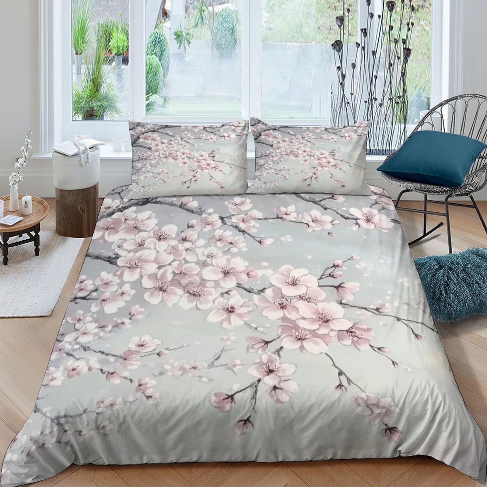 GPLZQXKJNH 3D Printed Sakura Blossom Duvet Cover Microfiber Soft Breathable Plum Flower Bedding Set with 2 Pillowcases for Bedroom Decor Single（135x200cm）
