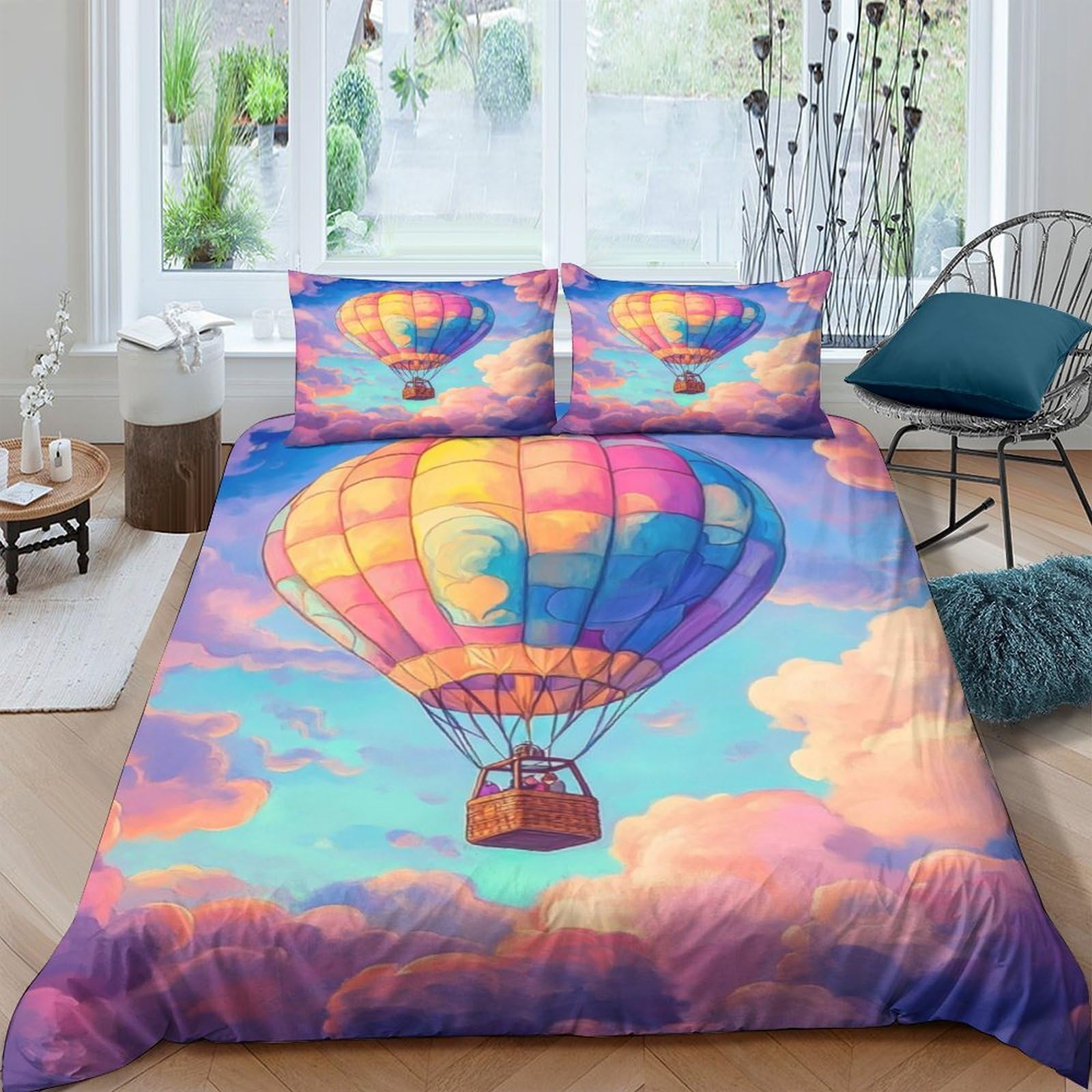 Ctjqhvkz Style-7 3D Printed Hot Air Balloon Fitted Sheet Microfiber Colourful Sky Bed Cover For Bedroom Guest Room Easy Care Decor Single（135X200cm）