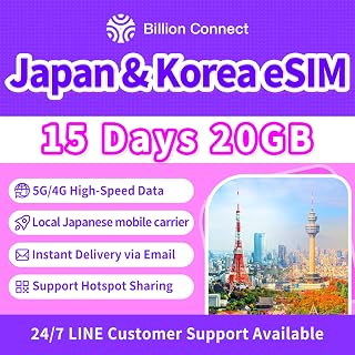Japan & Korea eSIM – 15 Day 20GB (5G/4G) High-Speed Data Prepaid Card. Unlimited 128kbps After Cap, Hotspot Support, Same-Day Online Delivery Support. (15 Days 20GB)