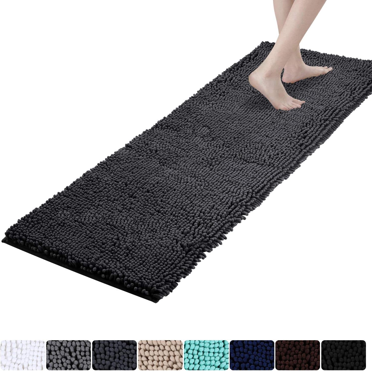 Colorxy Luxury Chenille Bathroom Rugs - Solid Shaggy Washable Bath Mat Non Slip Bathroom Runner Mats, Ultra Soft Plush Bathmat for Bathtub Shower with Water Absorbent Carpet Rug, 17''x47'', Dark Grey