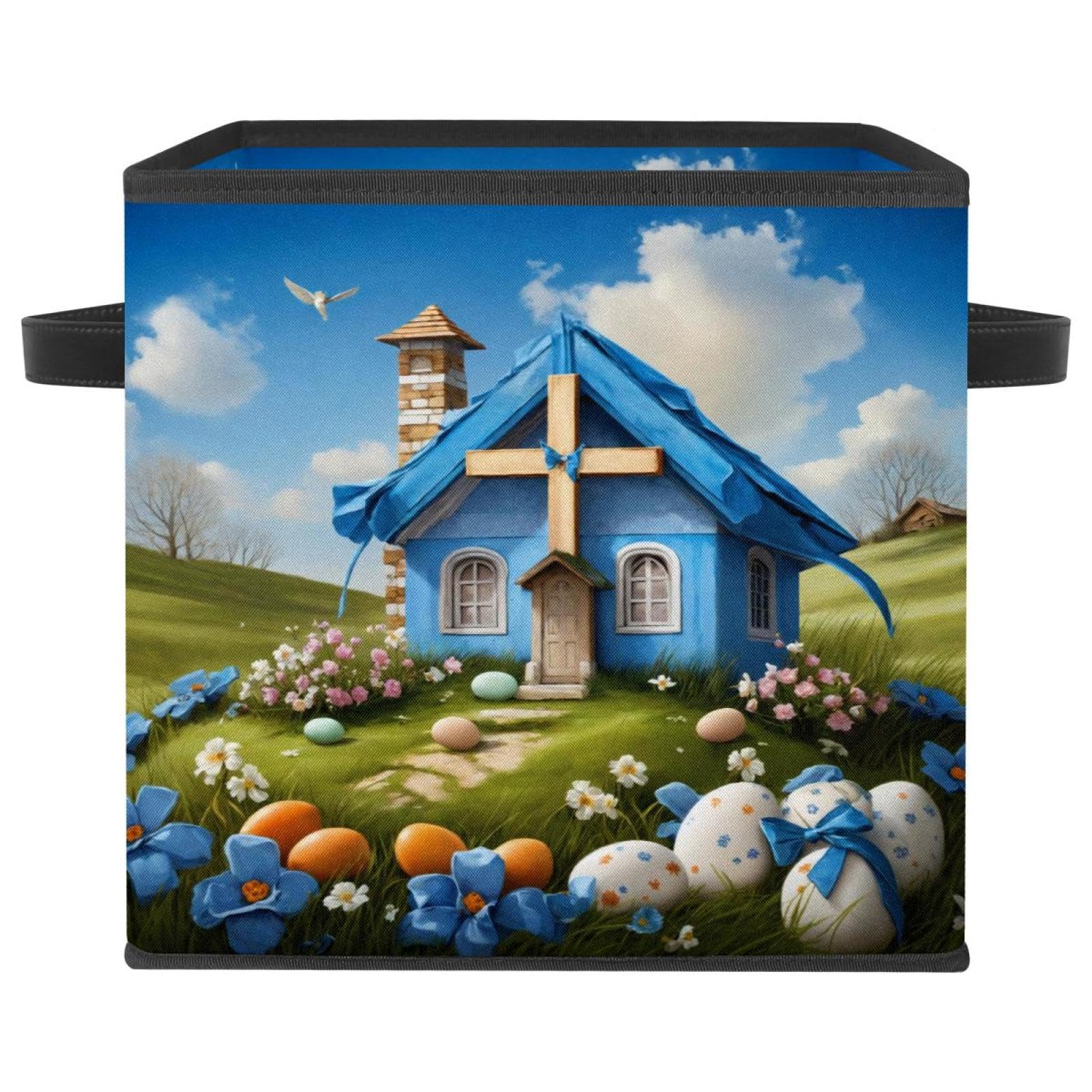 Boîte de rangement pliable cube bleu avec poignées cuir pour organisation maison