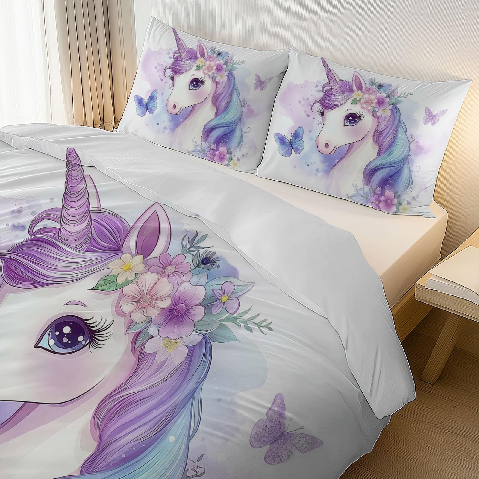 Poszwa na kołdrę 240 x 260 cm - Dream Unicorn Flower Butterfly Print Komplet pościeli z mikrofibry - zamek błyskawiczny - z 2 poszewkami na poduszki - dla dziewczynek chłopców biała dekoracja sypialni
