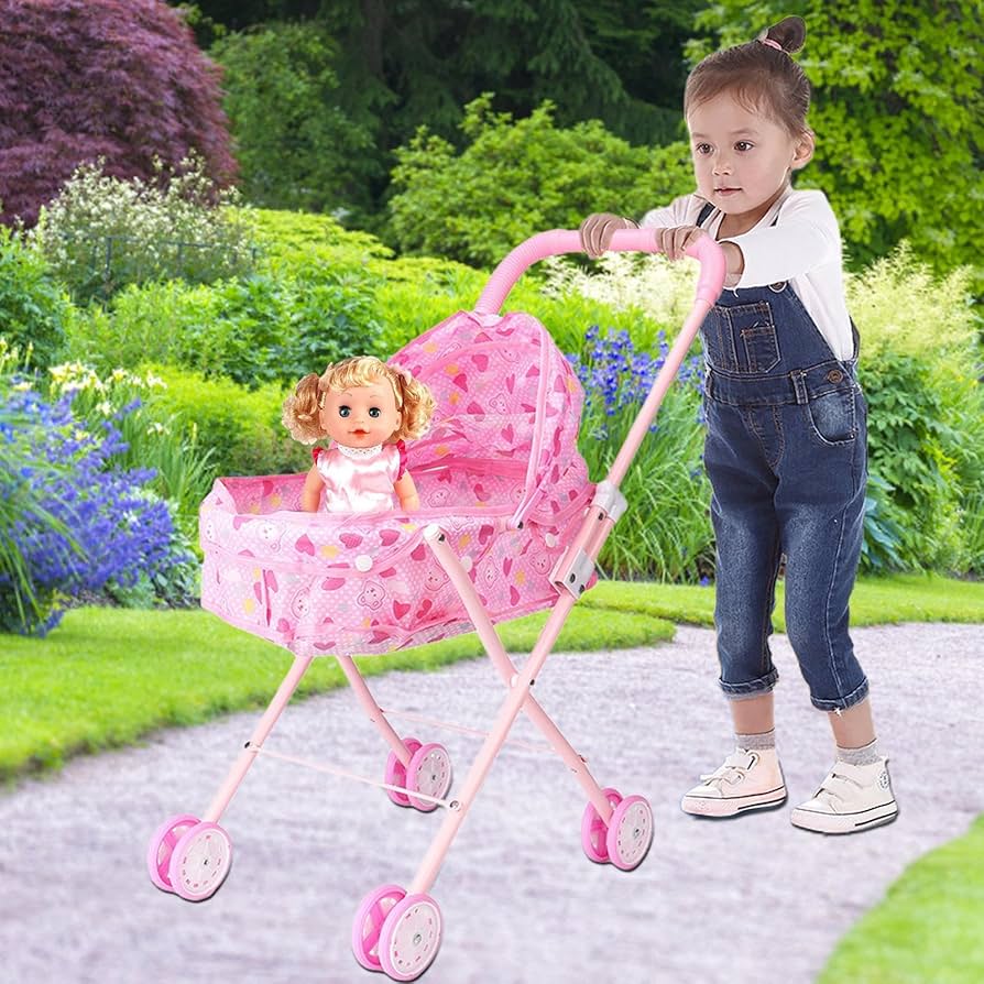 Amazon.co.jp: 人形用ベビーカーセット | バスケット付きピンク