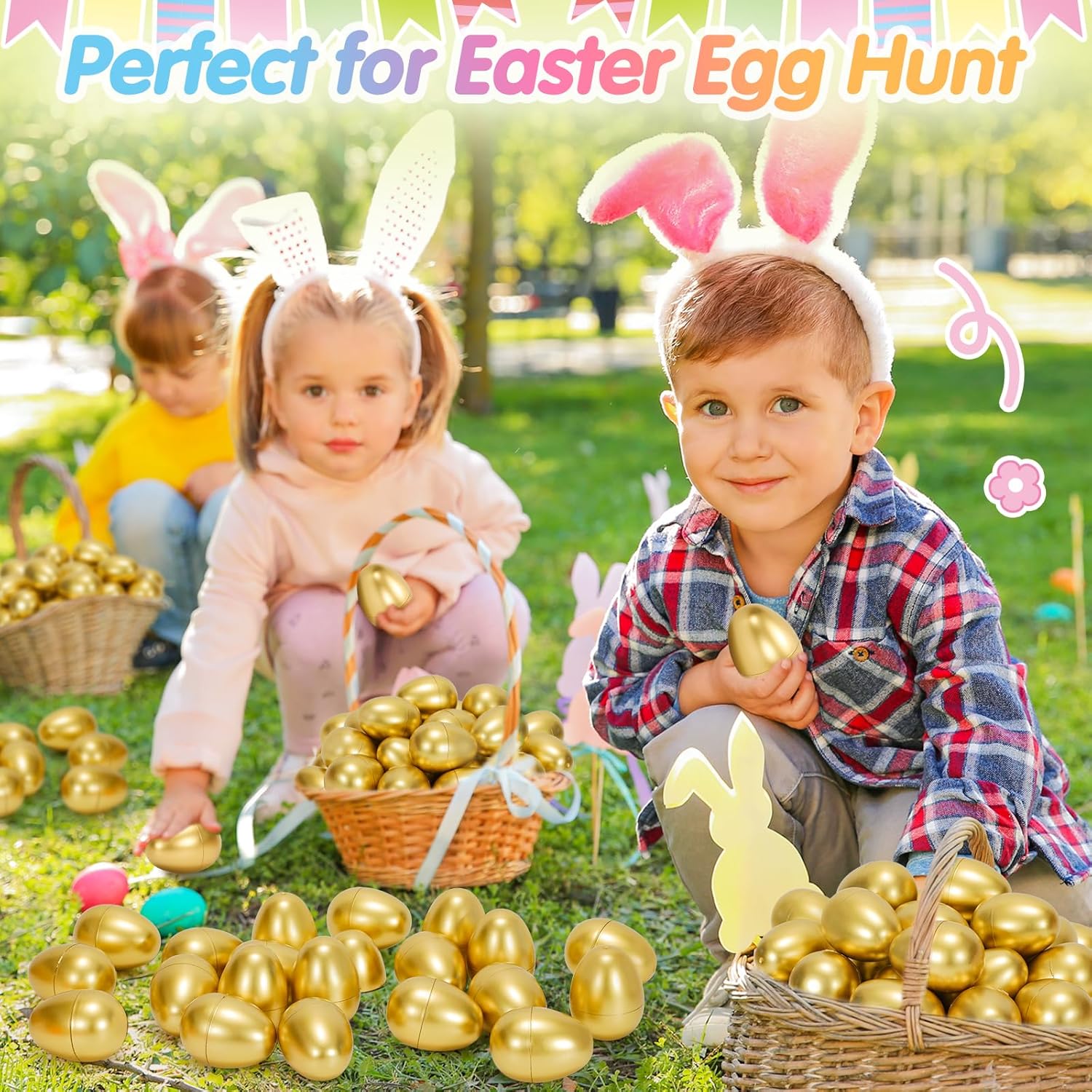 SevenQ Plastic Easter Eggs Empty 2.3” 50Pcs, Fillable Golden Egg for Easter Basket Stuffers Gifts for Kids Party Favors Pinata Goodie Bags Treasure Box Toys Fillers Easter Egg Hunt Games Decorations