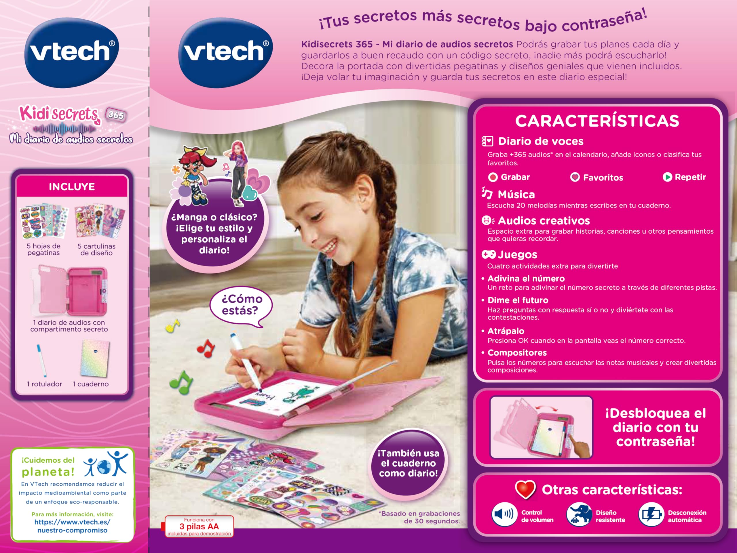 VTech - KidiSecrets 365 Mi Diario de audios Secretos, Guarda 365 Notas de Voz, Código Secreto, Personalizable, Incluye Cuaderno y rotulador, Regalo niños +5 año, Versión ESP