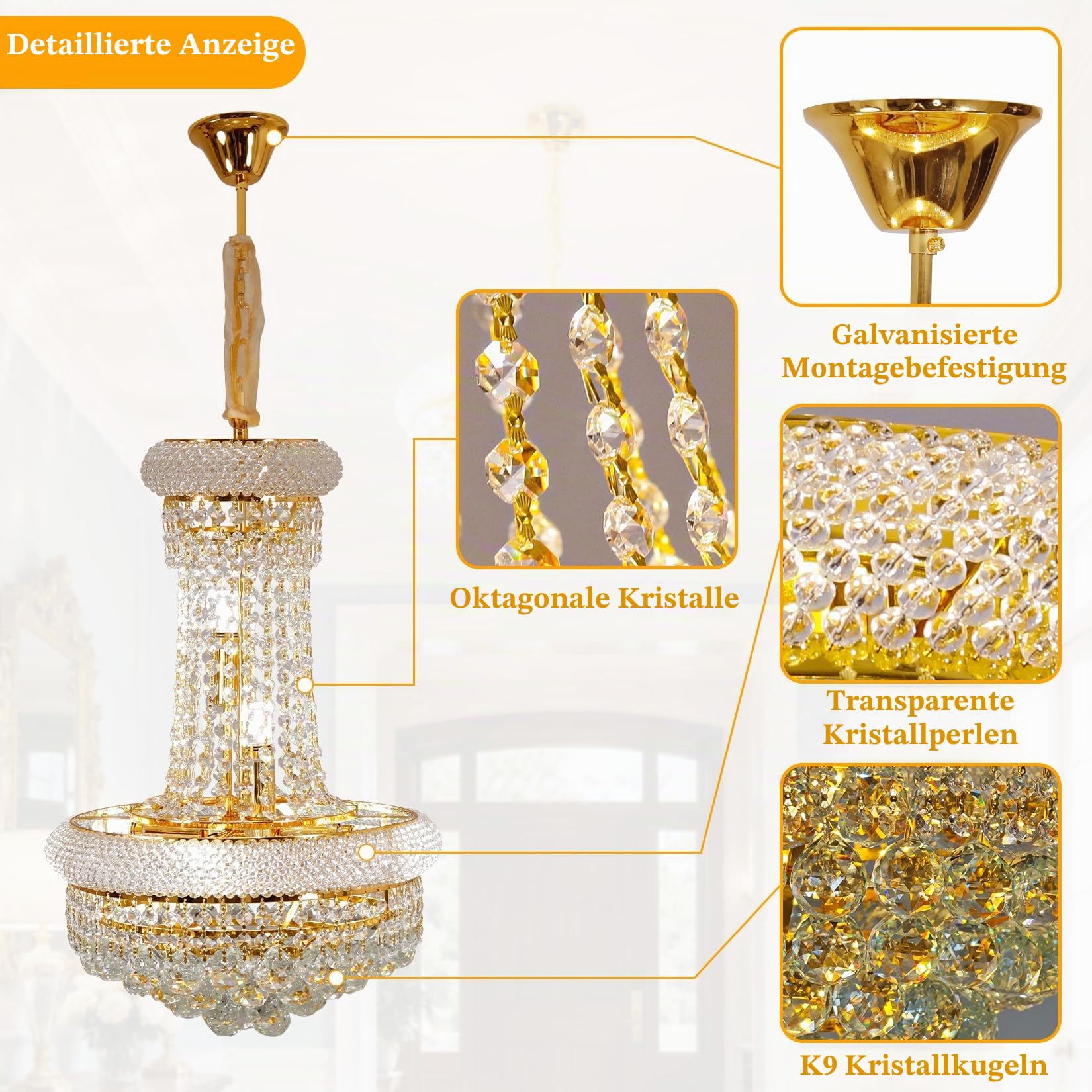 Kristall Kronleuchter Gold 6-Light Ø40cm: Pendelleuchte Vintage Korb Lüster Deckenleuchte mit 6 x E14 Lampen, 3 wählbare Farbtemperaturen & höhenverstellbar für Flur, Kücheninsel