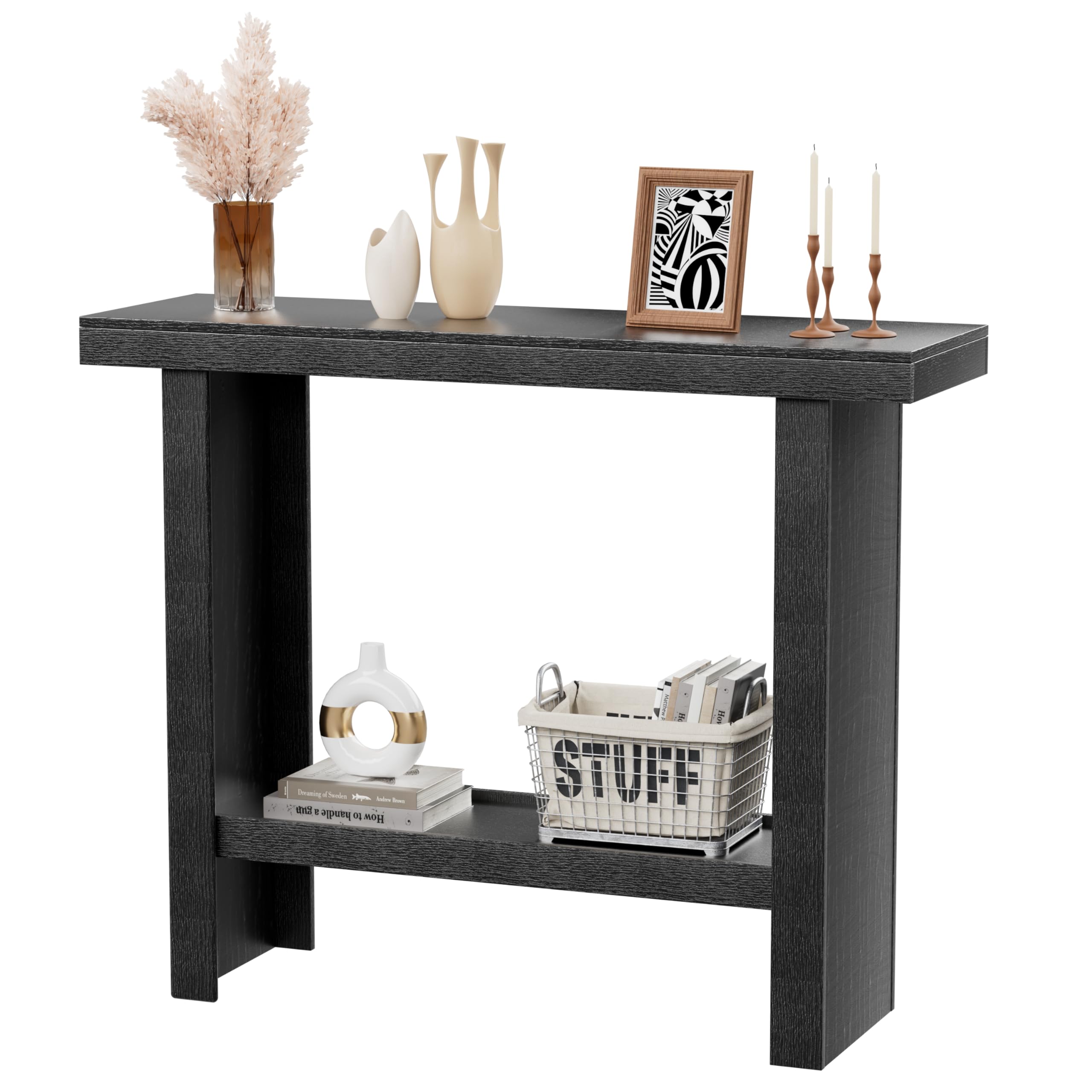 Modern Console Tables with Storage, Narrow Entryway Table for Hallway, Behind The Couch Sofa, Entrance Table with Shelves for Living Room, Foyer, Black