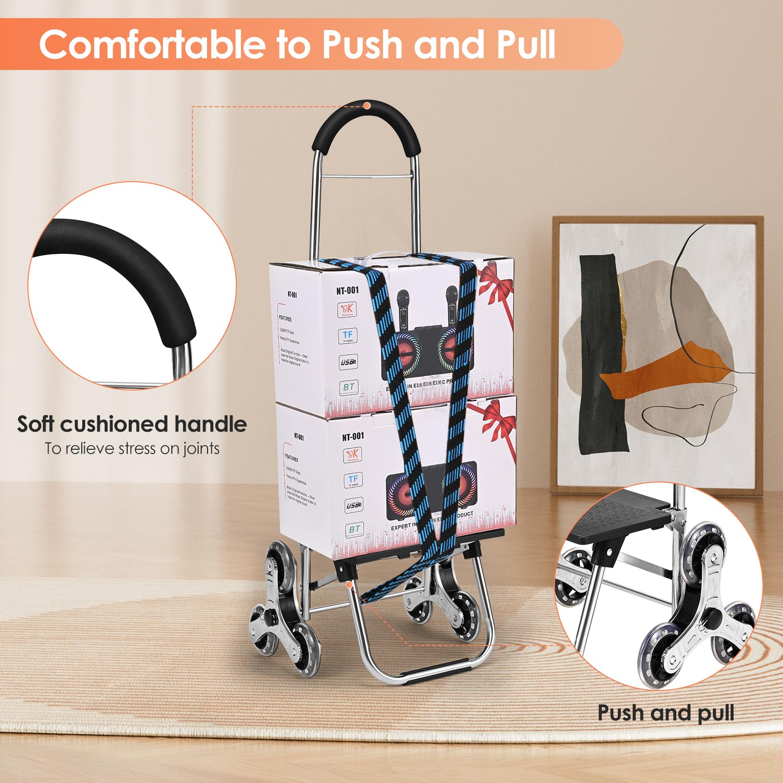 Carrello Spesa 3 Ruote Scale, Carrello Portaspesa Pieghevole, 32L, Capacità di Carico 30kg, Borsa di Stoccaggio Rimovibile, Ruote in Acciaio inox, per Salire le Scale