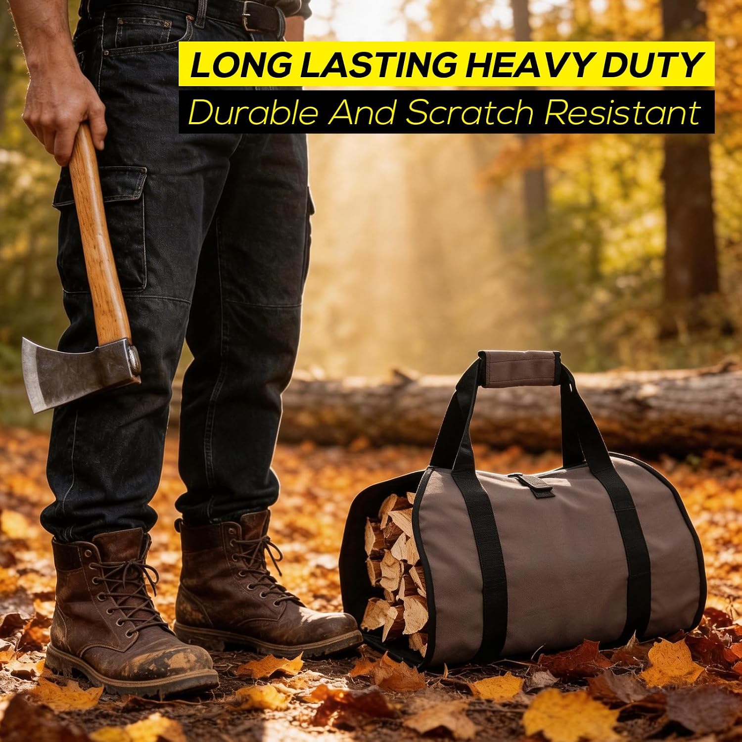 FLASLD Firewood Carrier Waxed Canvas Firewood Bag Heavy Duty Large Fireplace Carrier Durable Log Tote Fire Wood Carring Bag with Handles Wood Sling Holder Cabin Stove Accessories (Brown)