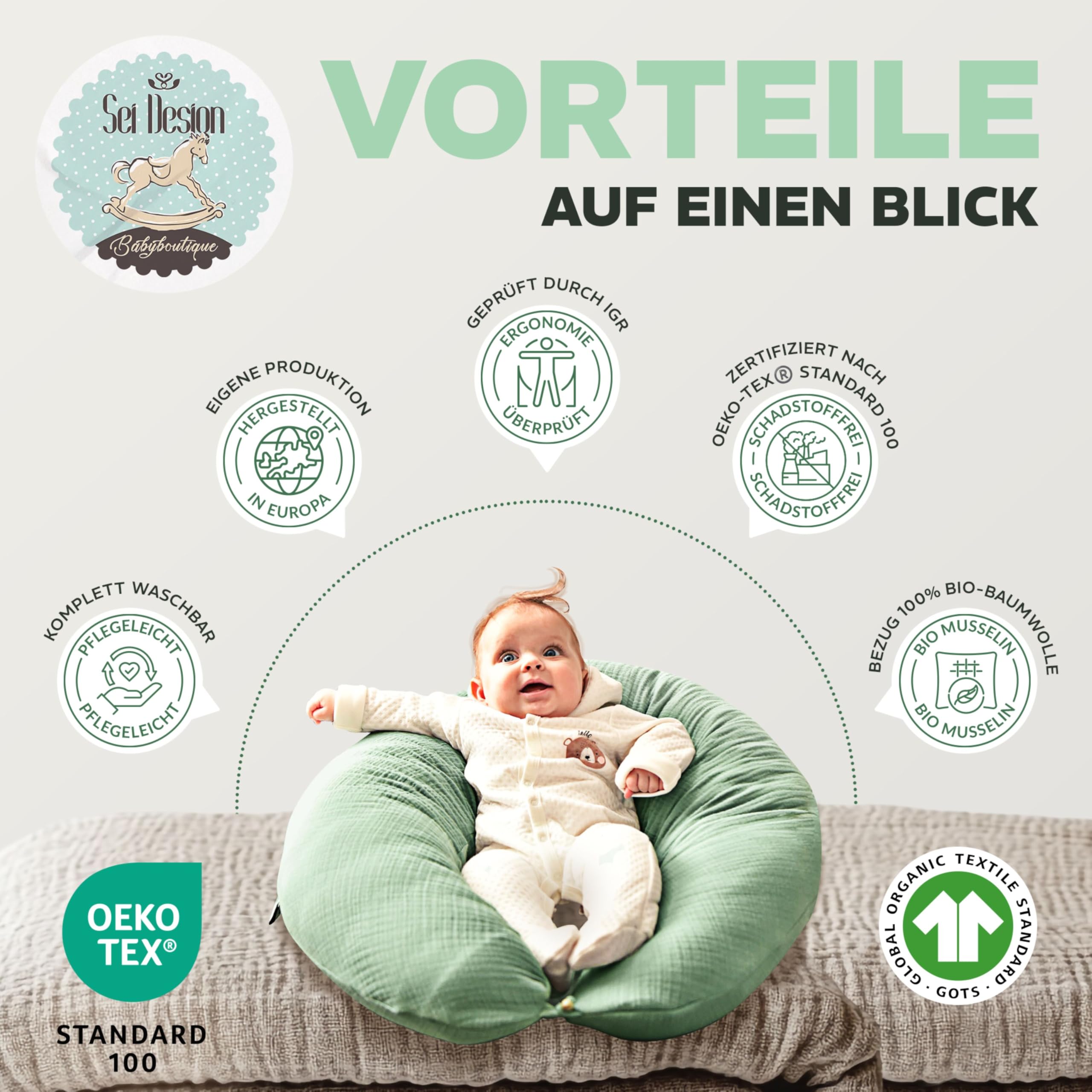 sei Design Cuscino Allattamento XXL 190x30 - Cuscino Gravidanza Ergonomico, Cuscino Laterale per Dormire - Fodera Esternamente: lavorato a maglia, 100% Cotone BIO, Cuscino Neonato Accessori Utili