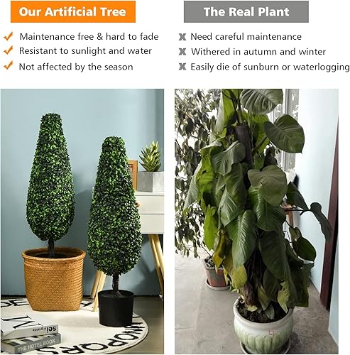 Miniatura 6 de Goplus Torre de boj artificial de 3 pies, paquete de 2 plantas decorativas de imitación en maceta de plástico rellena de cemento, plantas verdes